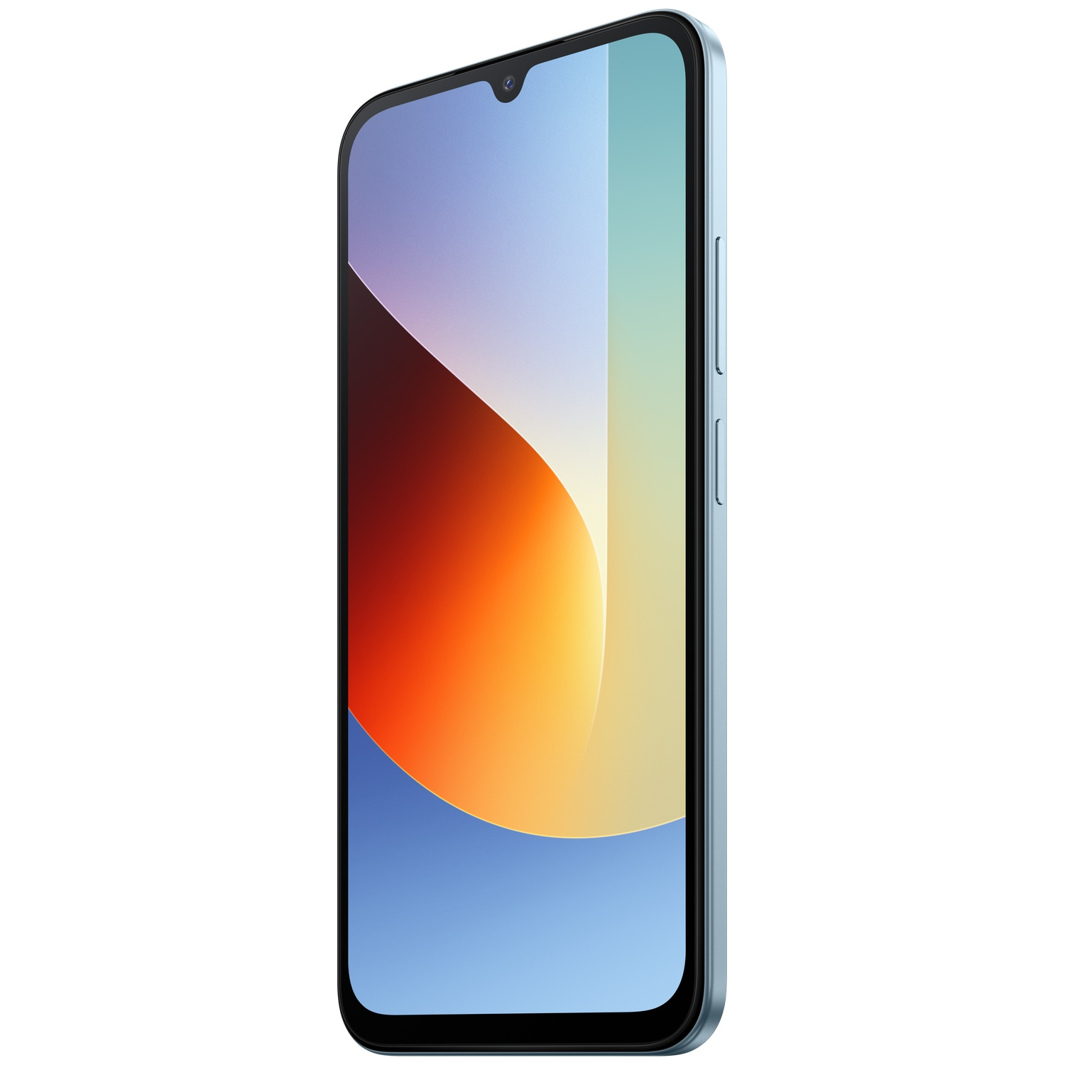 Un smartphone bleu clair avec une encoche et un fond d'écran coloré.