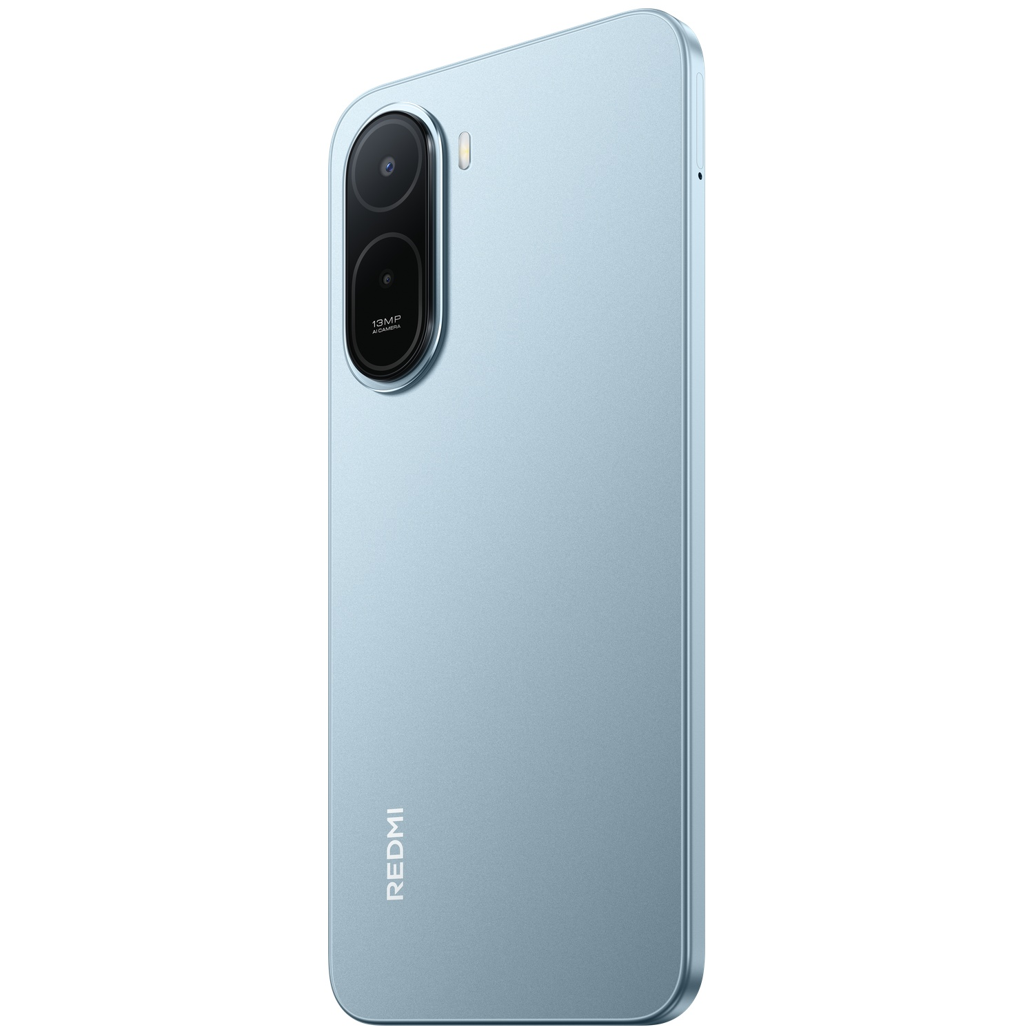 Un smartphone bleu clair avec double appareil photo arrière et logo Redmi.
