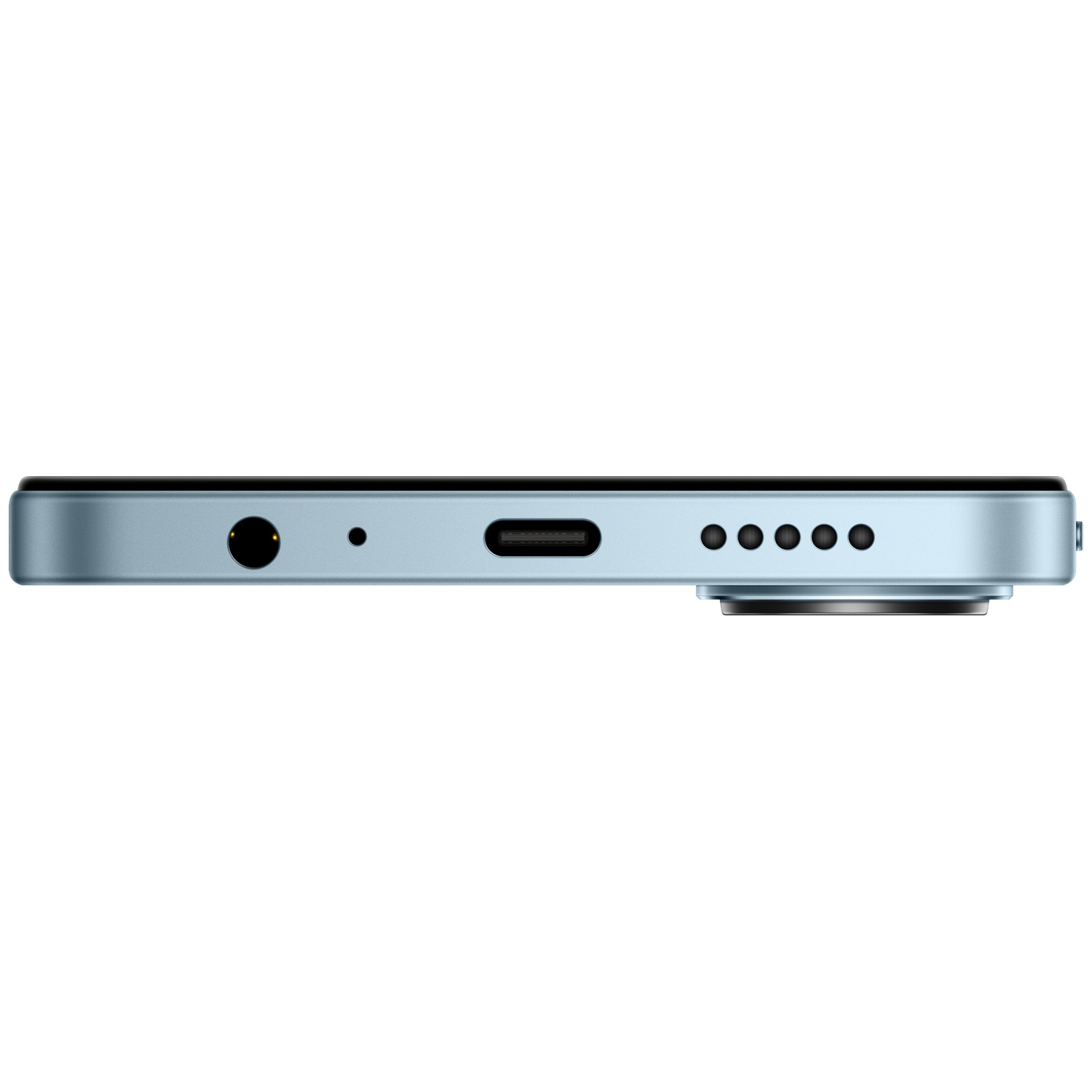 Gros plan du bas d'un smartphone bleu avec ports et grille de haut-parleur.