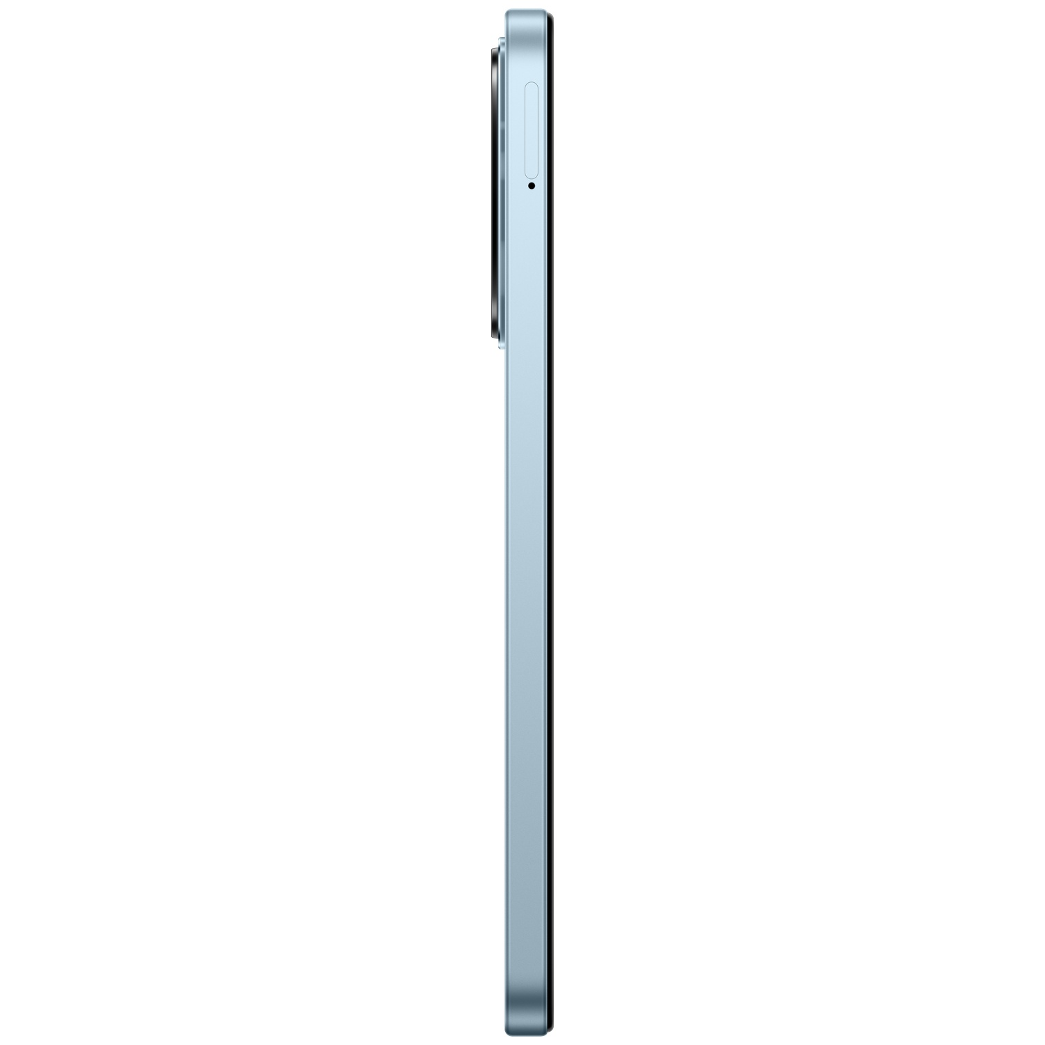 Un smartphone bleu clair de profil sur fond blanc.