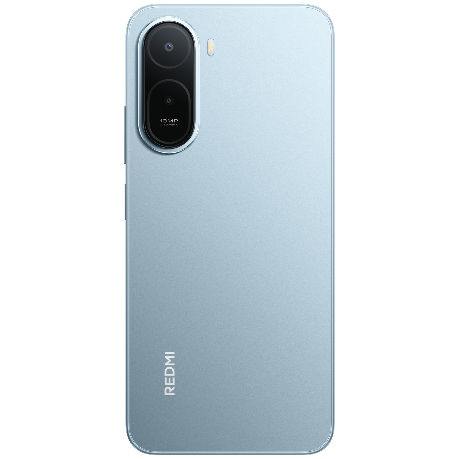 Achterkant van een lichtblauwe smartphone met dubbele camera en het "Redmi" logo.