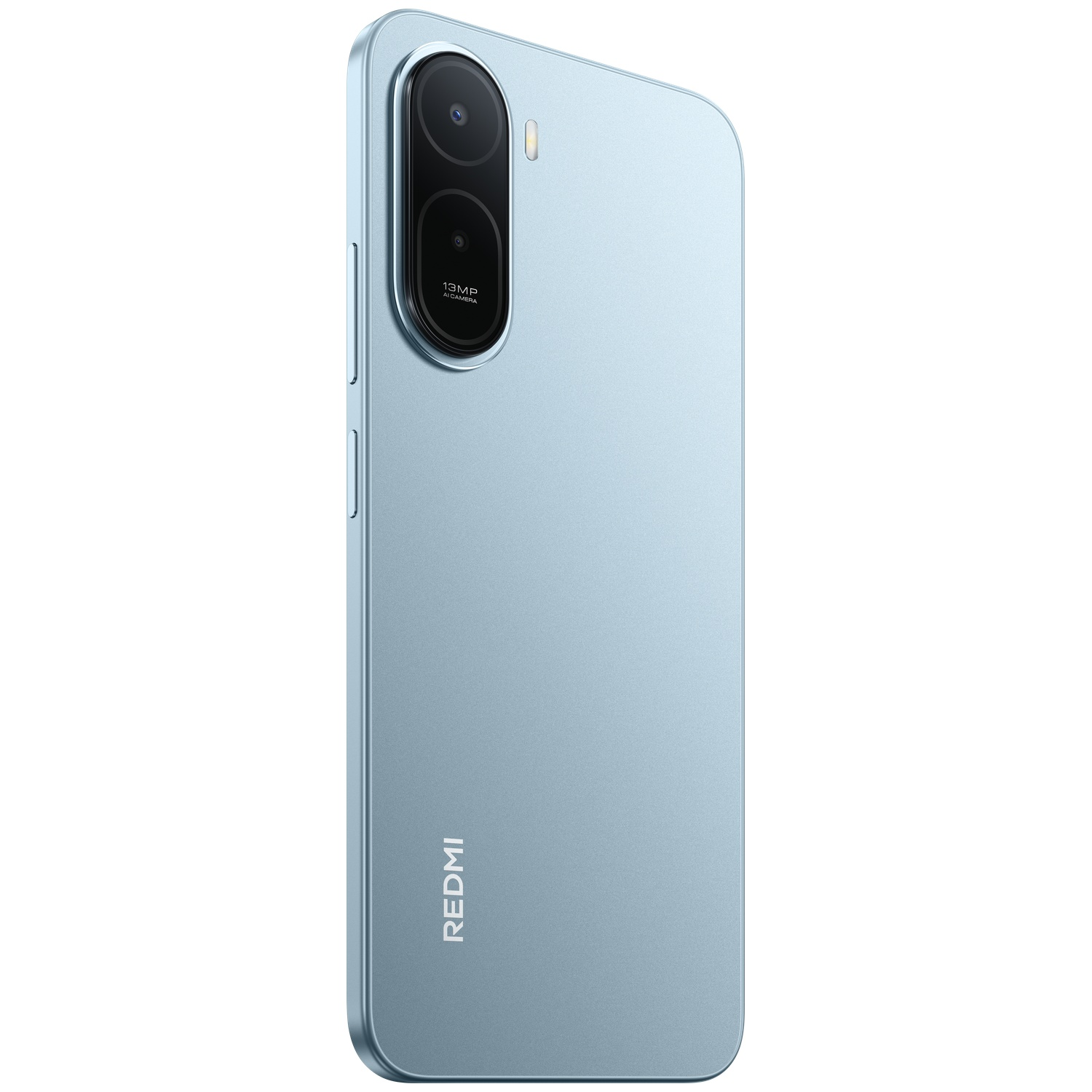 Een lichtblauwe smartphone met dubbele camera's en 