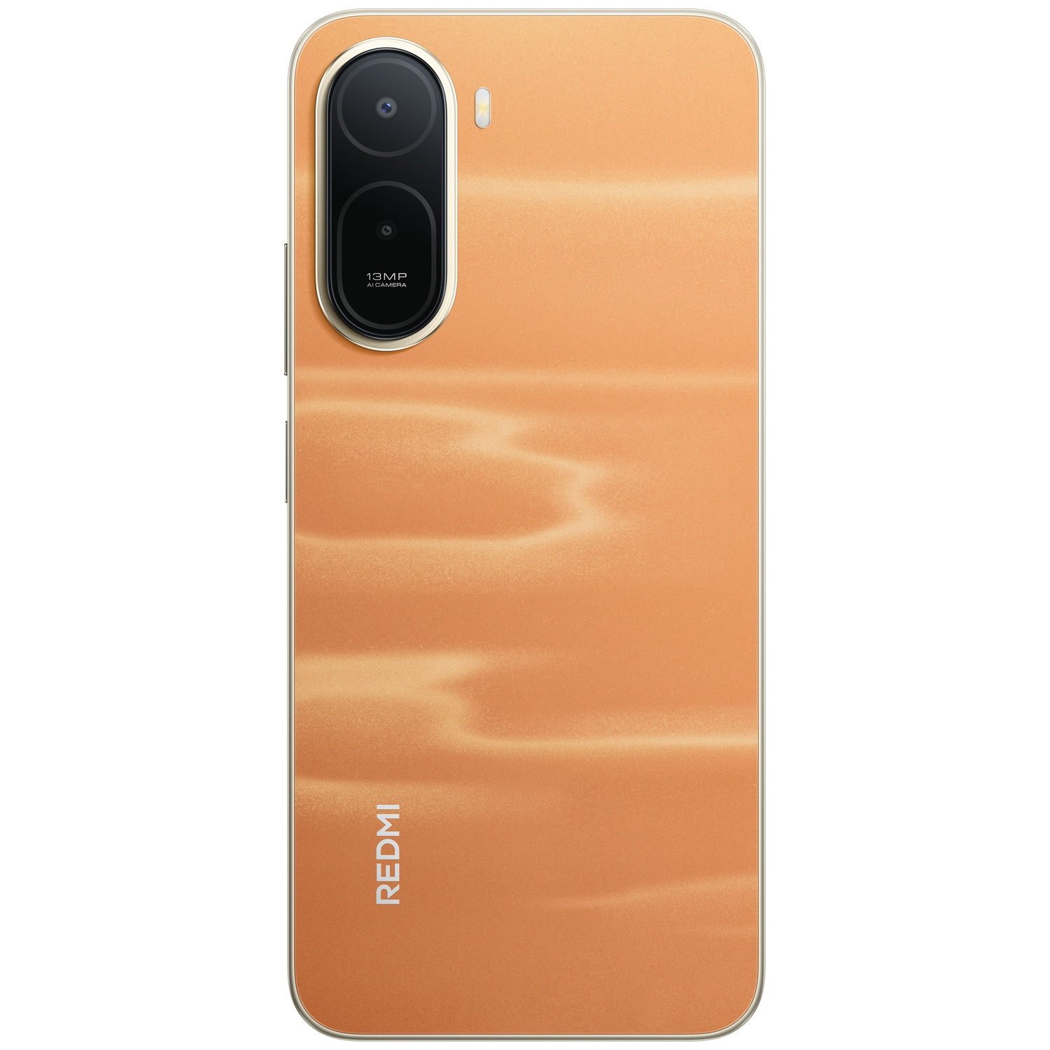 Een oranje smartphone met een verticale camera module en 