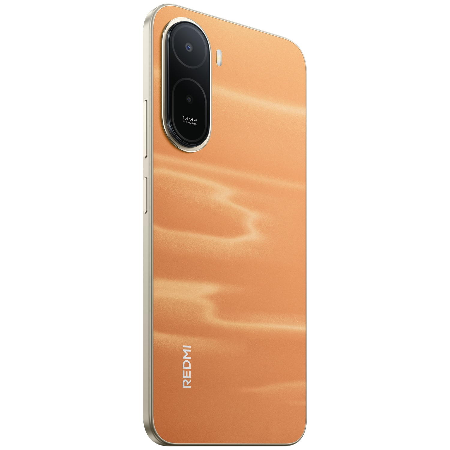 Een oranje smartphone met een camera aan de achterzijde en het Redmi-logo.