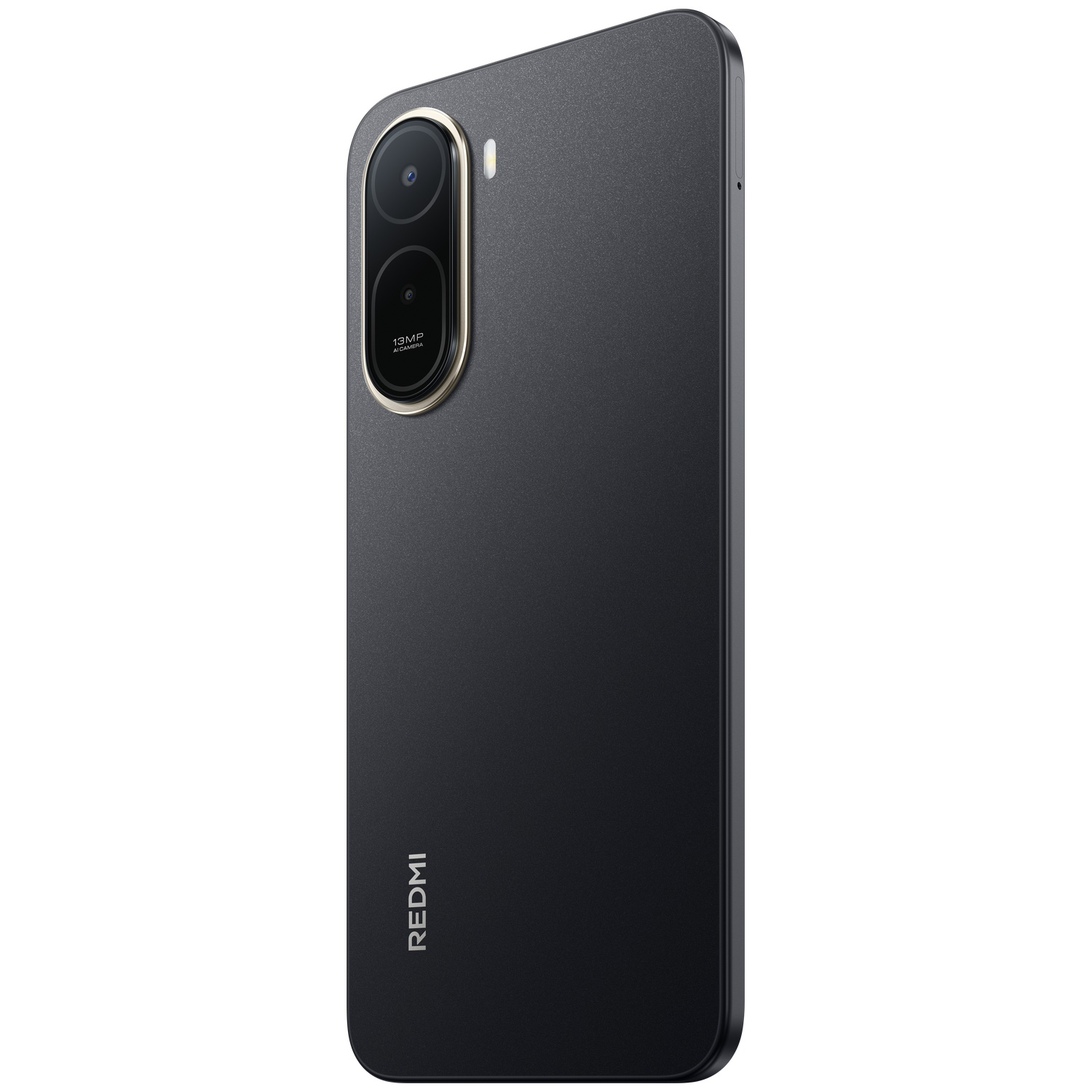 Dark gray smartphone with a vertical camera module and Redmi logo.