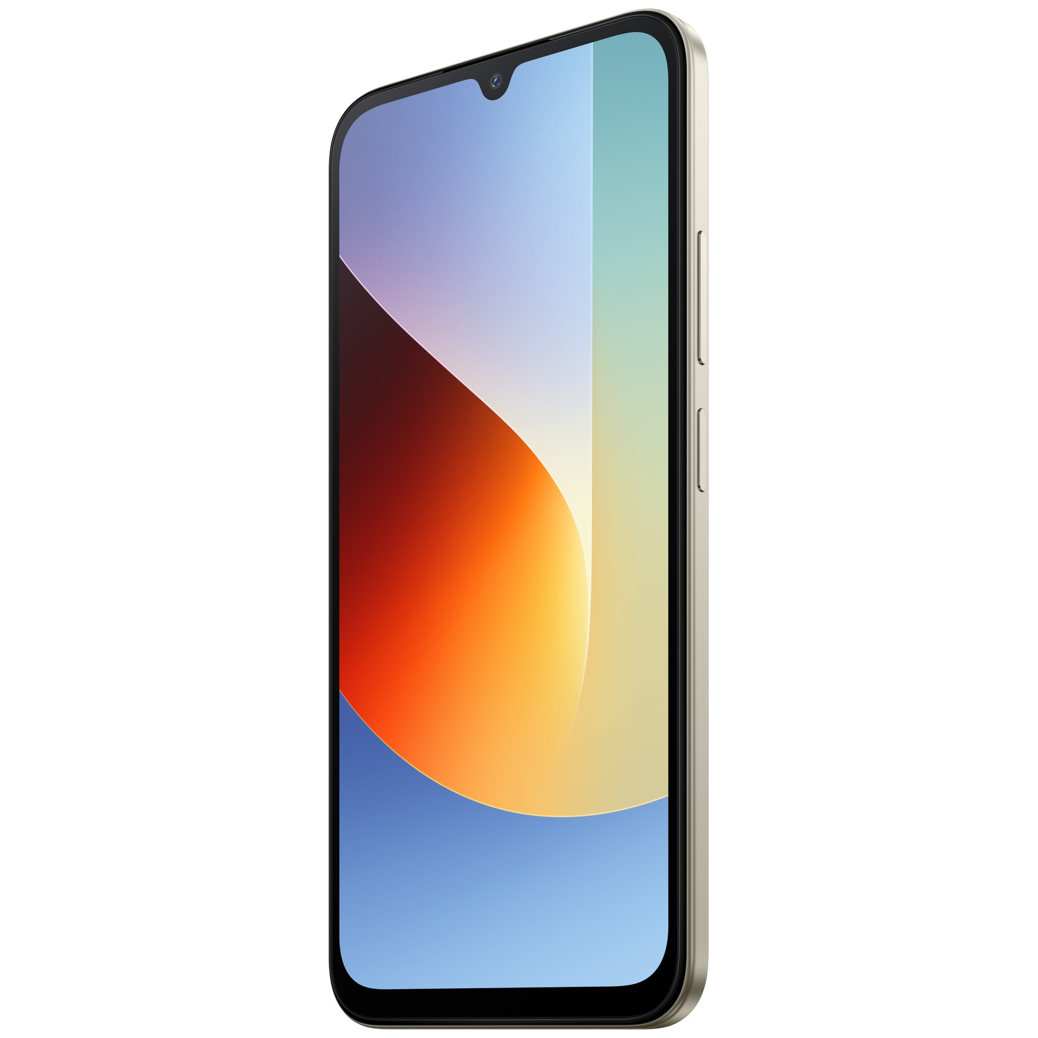 Gouden smartphone frame met een scherm dat een kleurovergang toont.