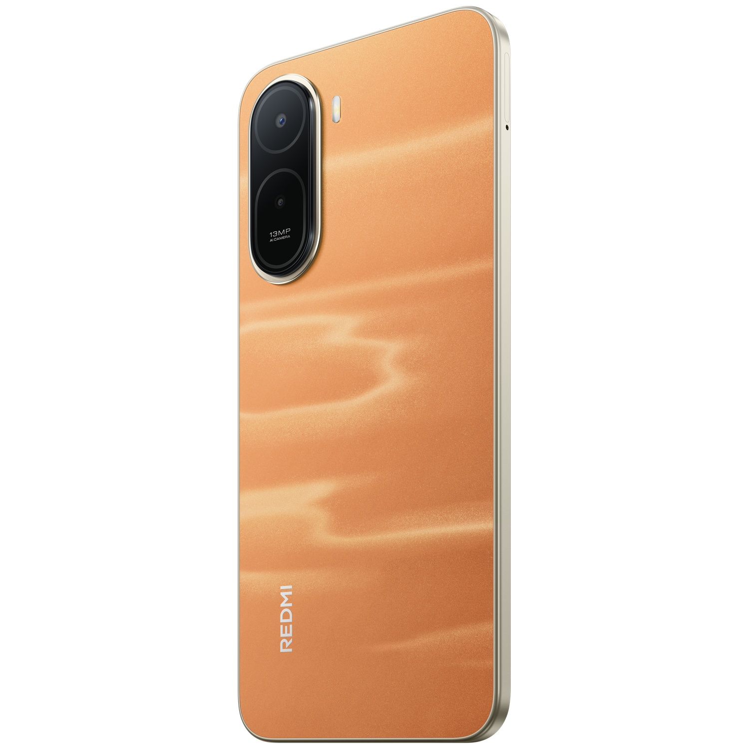 Een oranje smartphone met zilveren frame en twee camera's aan de achterkant, Redmi logo zichtbaar.