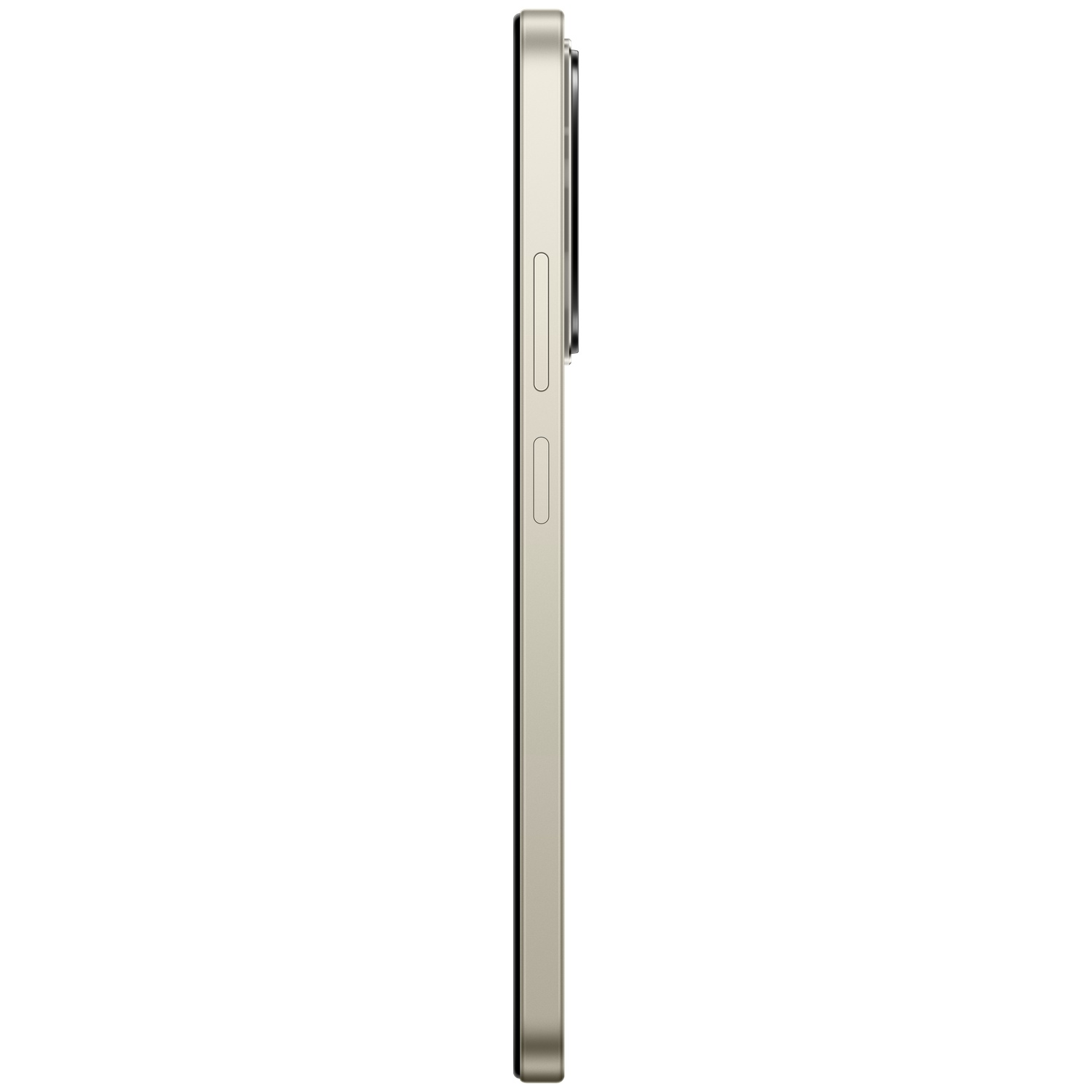 Een slanke, lichtgouden smartphone in profiel tegen een witte achtergrond.