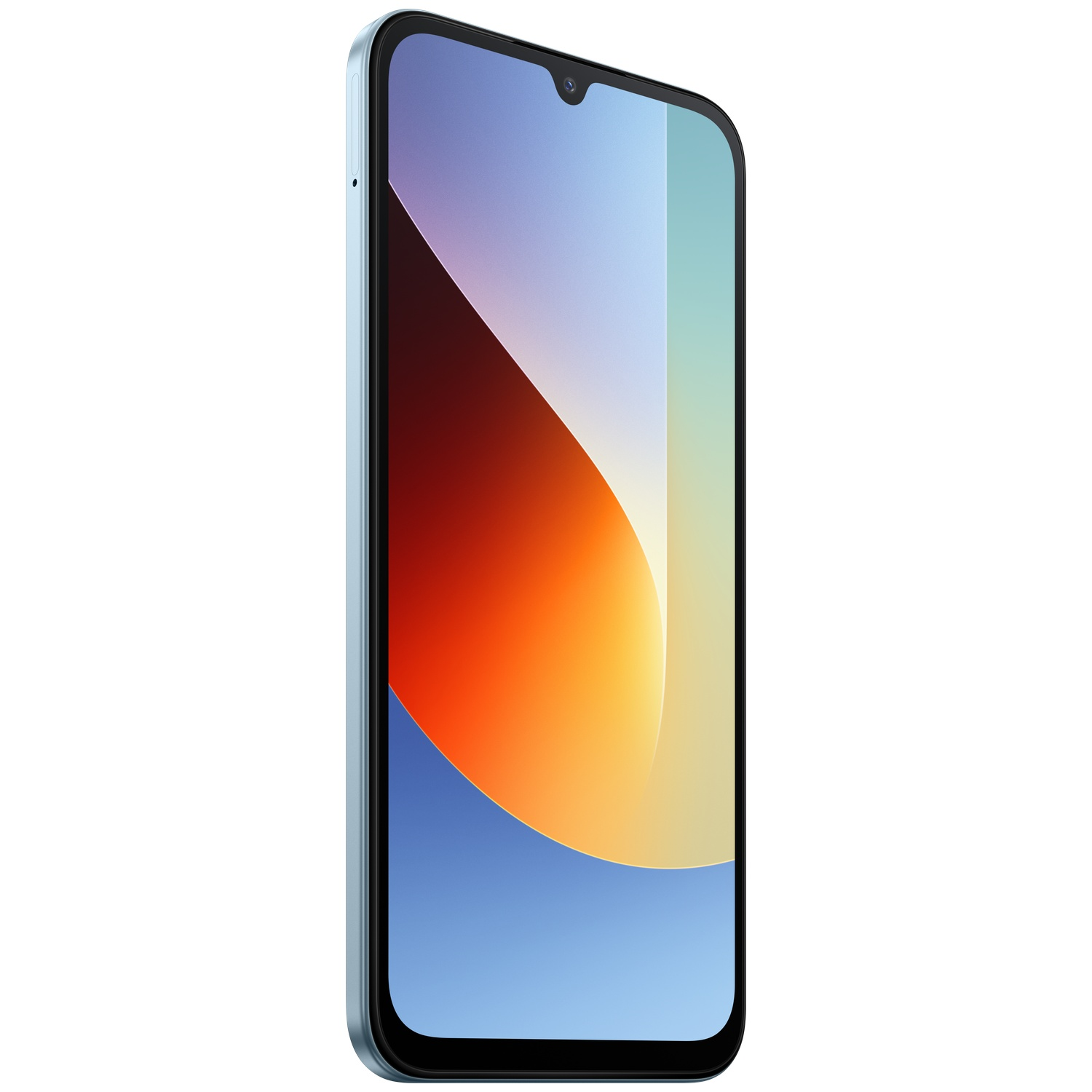Een lichtblauwe smartphone met een abstracte, kleurrijke achtergrond op het scherm.