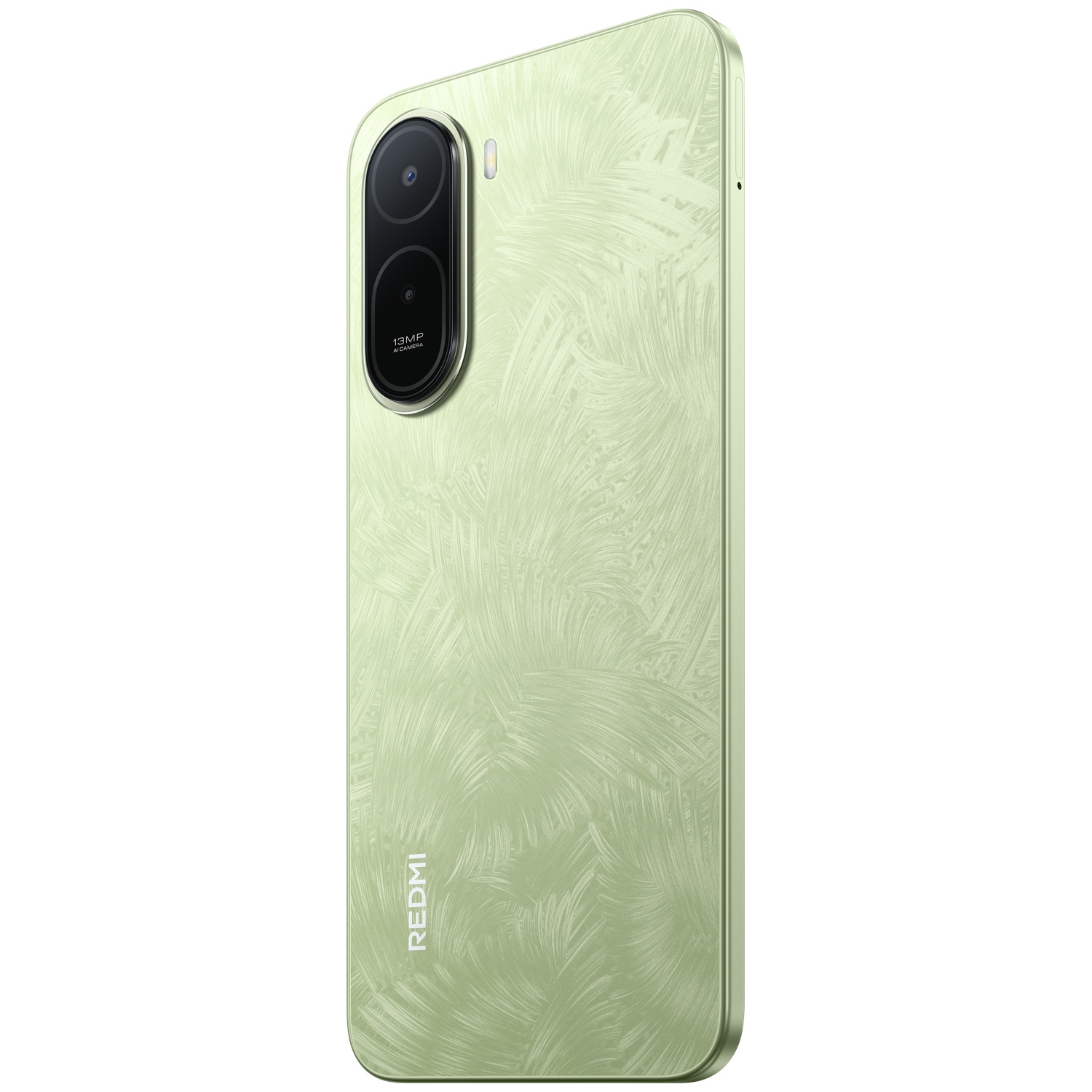 Een lichtgroene smartphone met bladerpatroon, verticale camera en Redmi-logo.