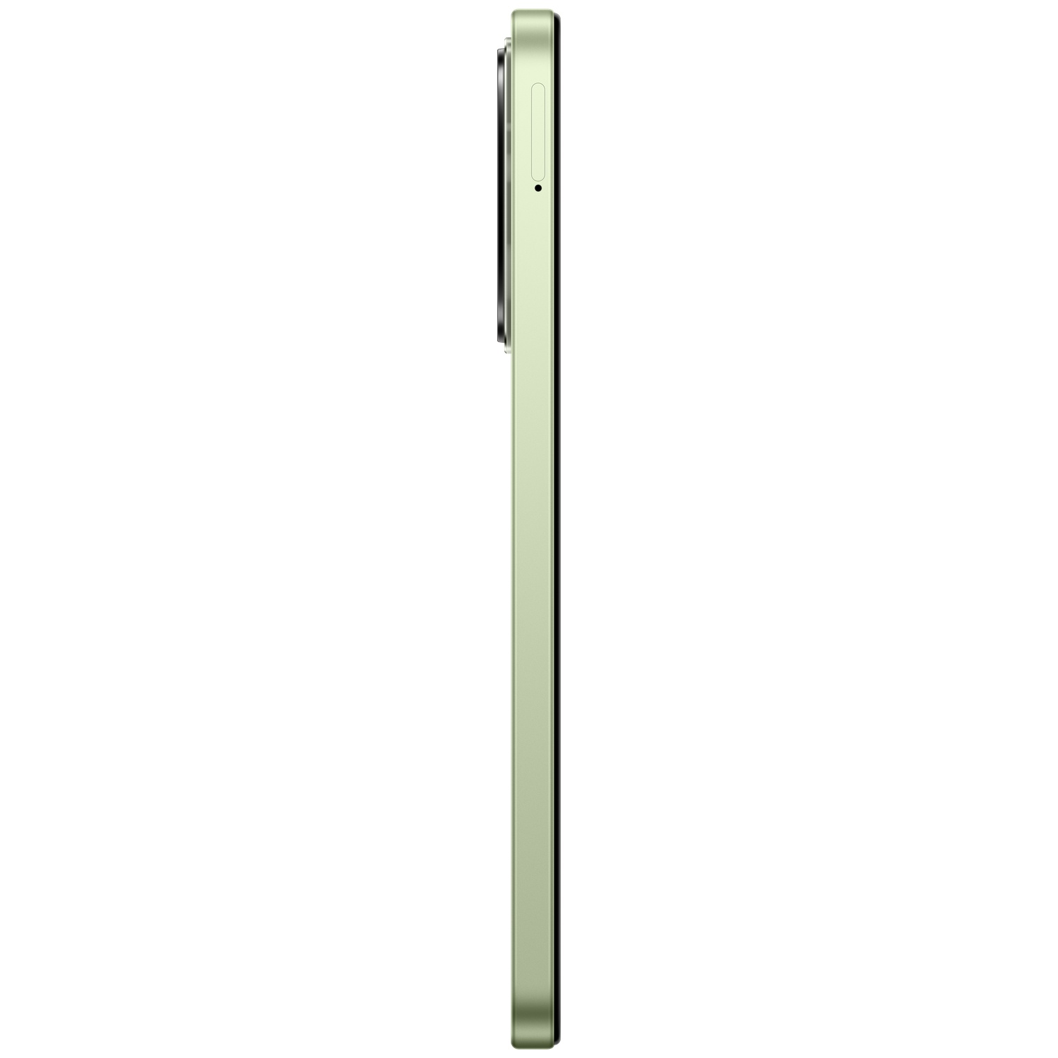 Een lichtgroene smartphone van opzij gezien, tegen een witte achtergrond.