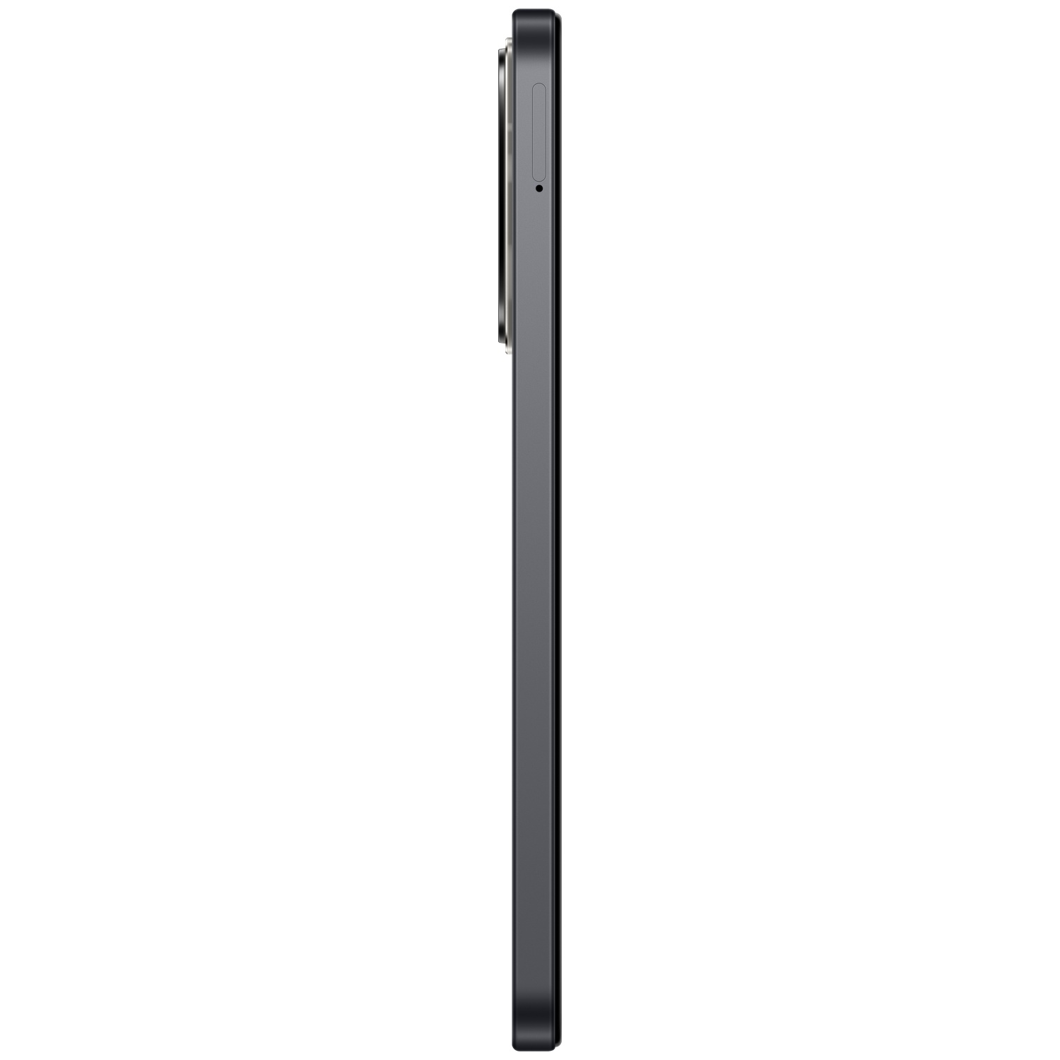 Donkergrijs smartphone in profiel op witte achtergrond.