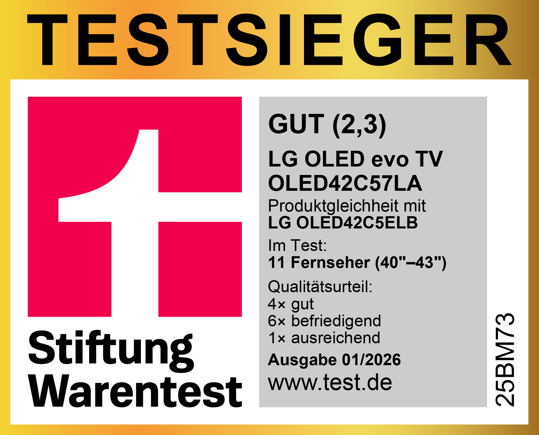 Stiftung Warentest Siegel: LG OLED evo TV mit GUT (2,3) bewertet.