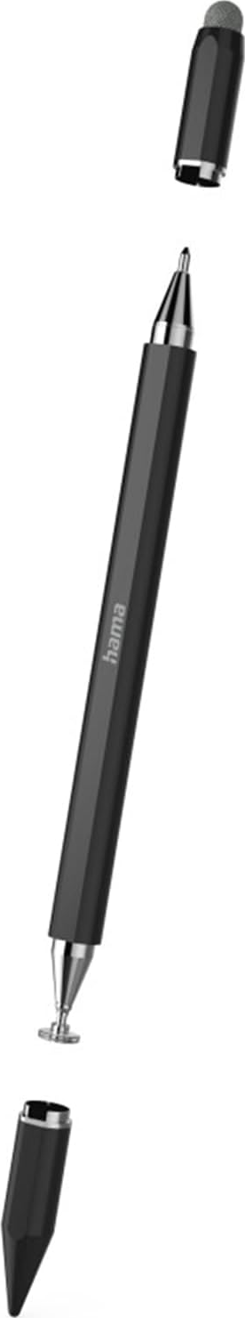 Ein schwarzer Stift mit zwei Kappen, einer Spitze und einem Touchscreen-Aufsatz.