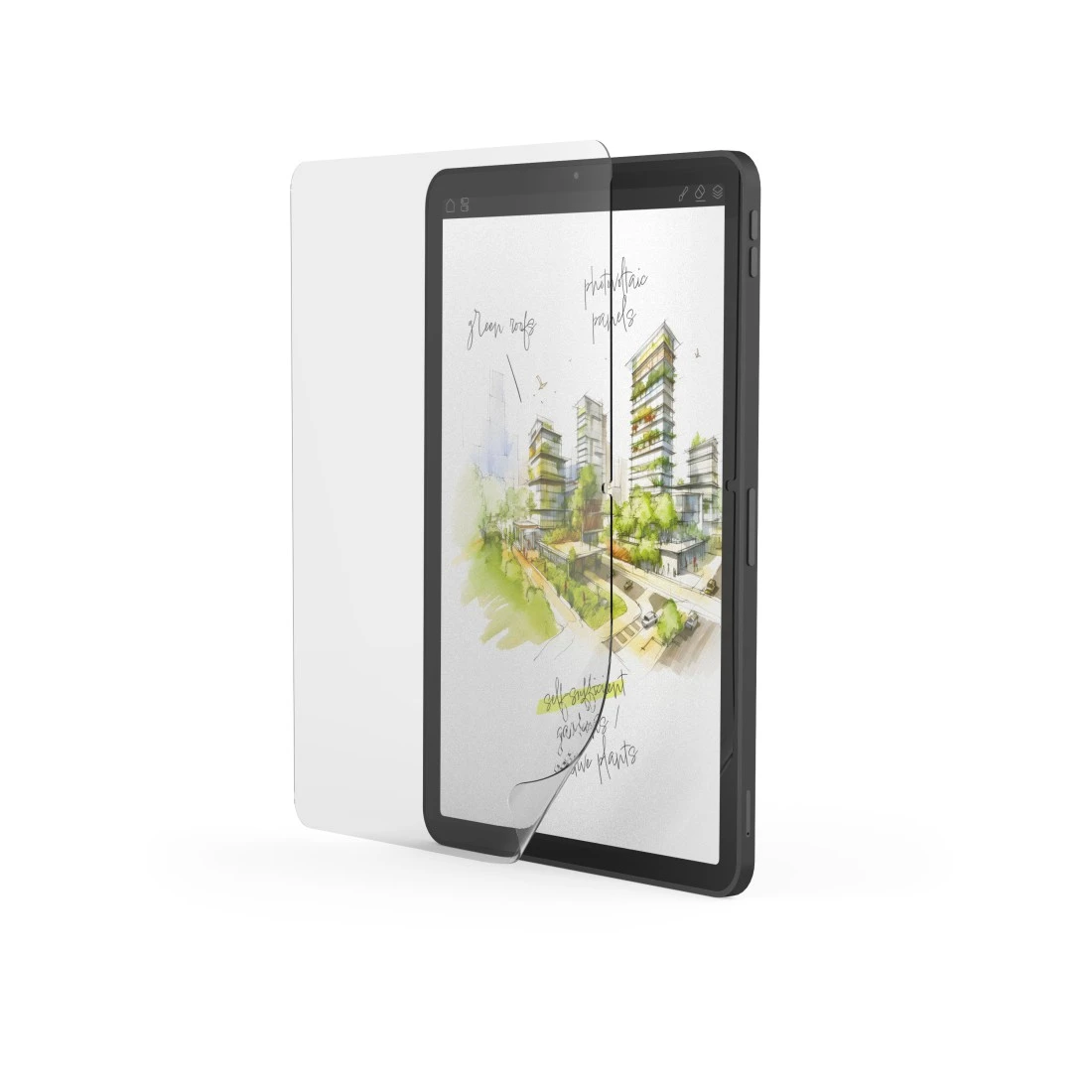 Un tablet che mostra uno schizzo di edifici moderni con vegetazione.