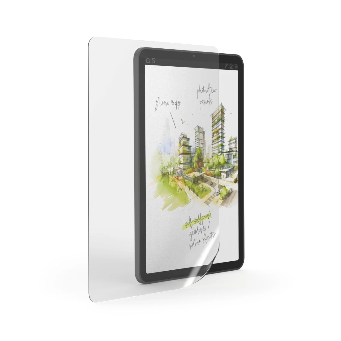 Un tablet mostra uno schizzo di edifici sostenibili con tetti verdi.
