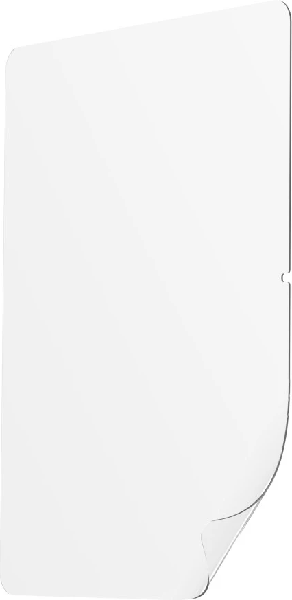 Un bouclier protecteur transparent et rectangulaire aux coins arrondis.
