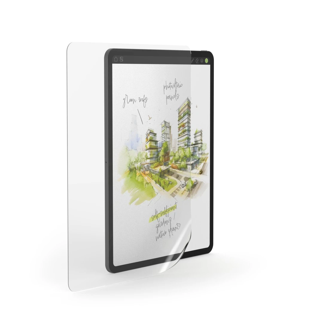 Une tablette affiche une esquisse de bâtiments verts avec panneaux solaires et jardins.