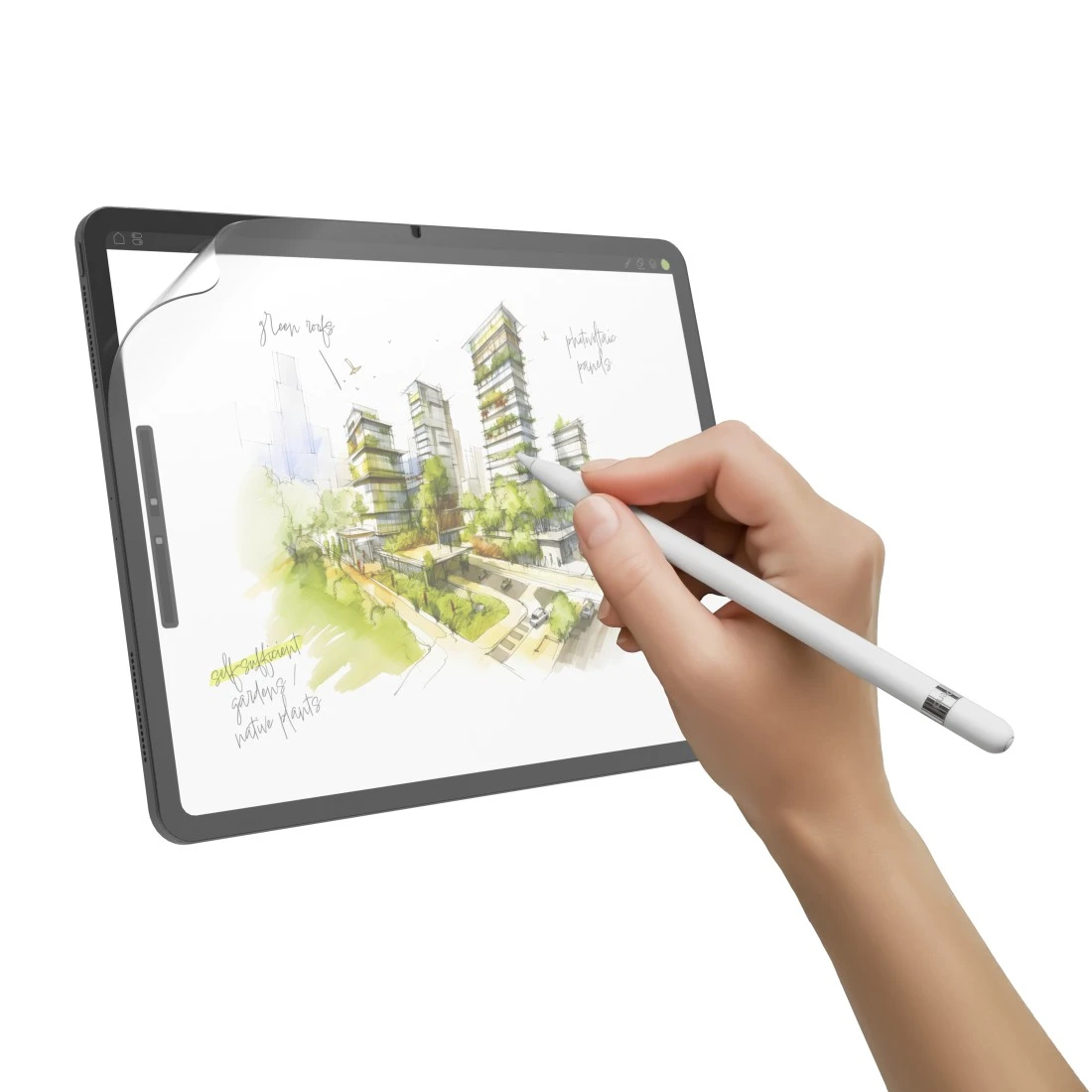 Une main utilise un stylet pour esquisser un dessin architectural sur une tablette.