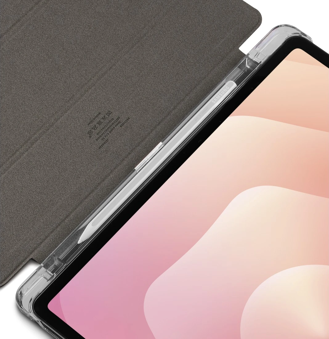 Ein graues Tablet mit einem transparenten Gehäuse und einem weißen Stift.