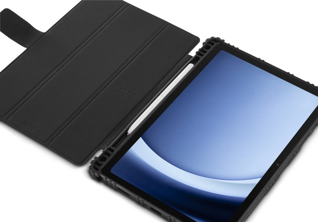 Tablette noire avec support stylet et étui à rabat, stylet blanc