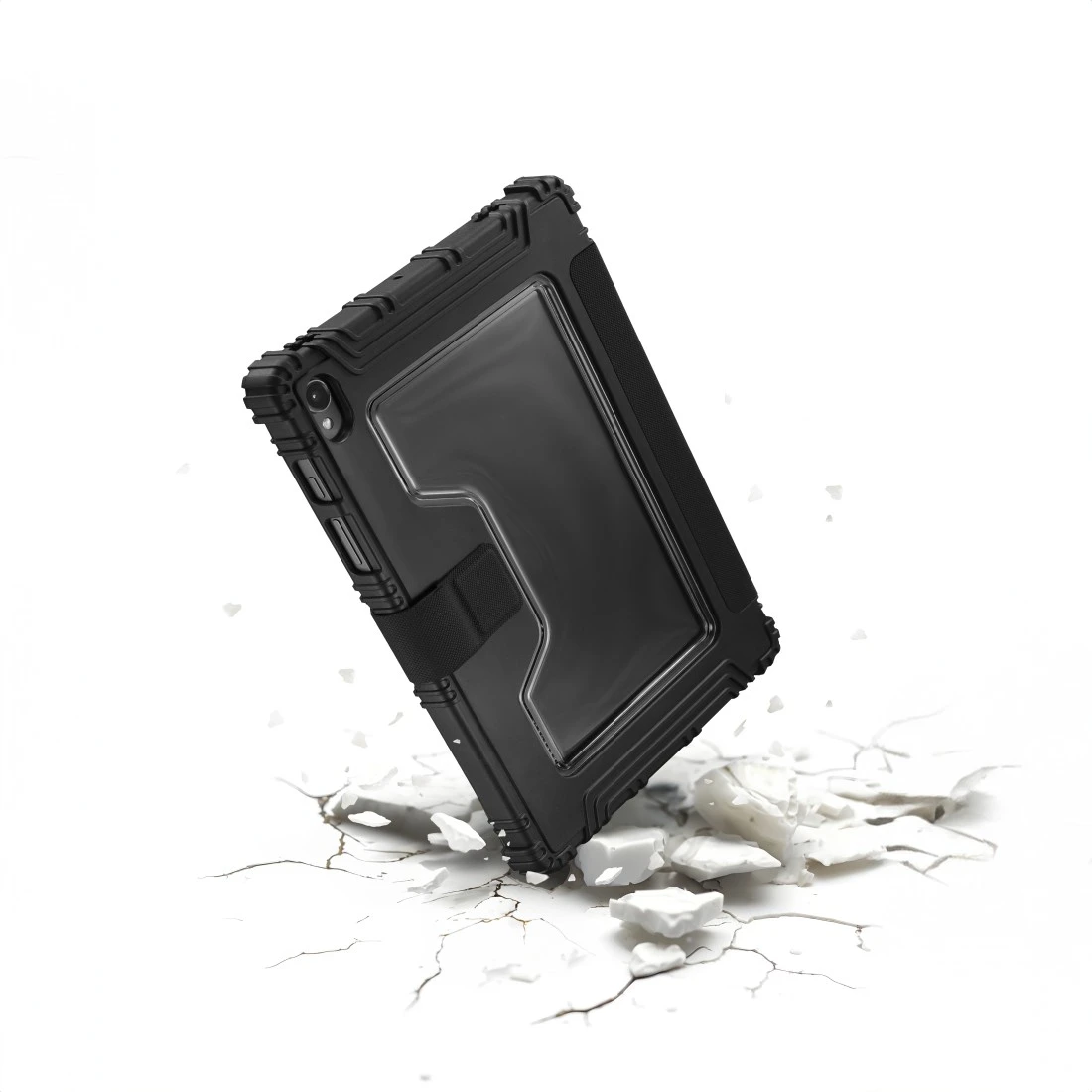 Étui noir pour tablette avec fenêtre transparente tombant sur un sol fissuré.