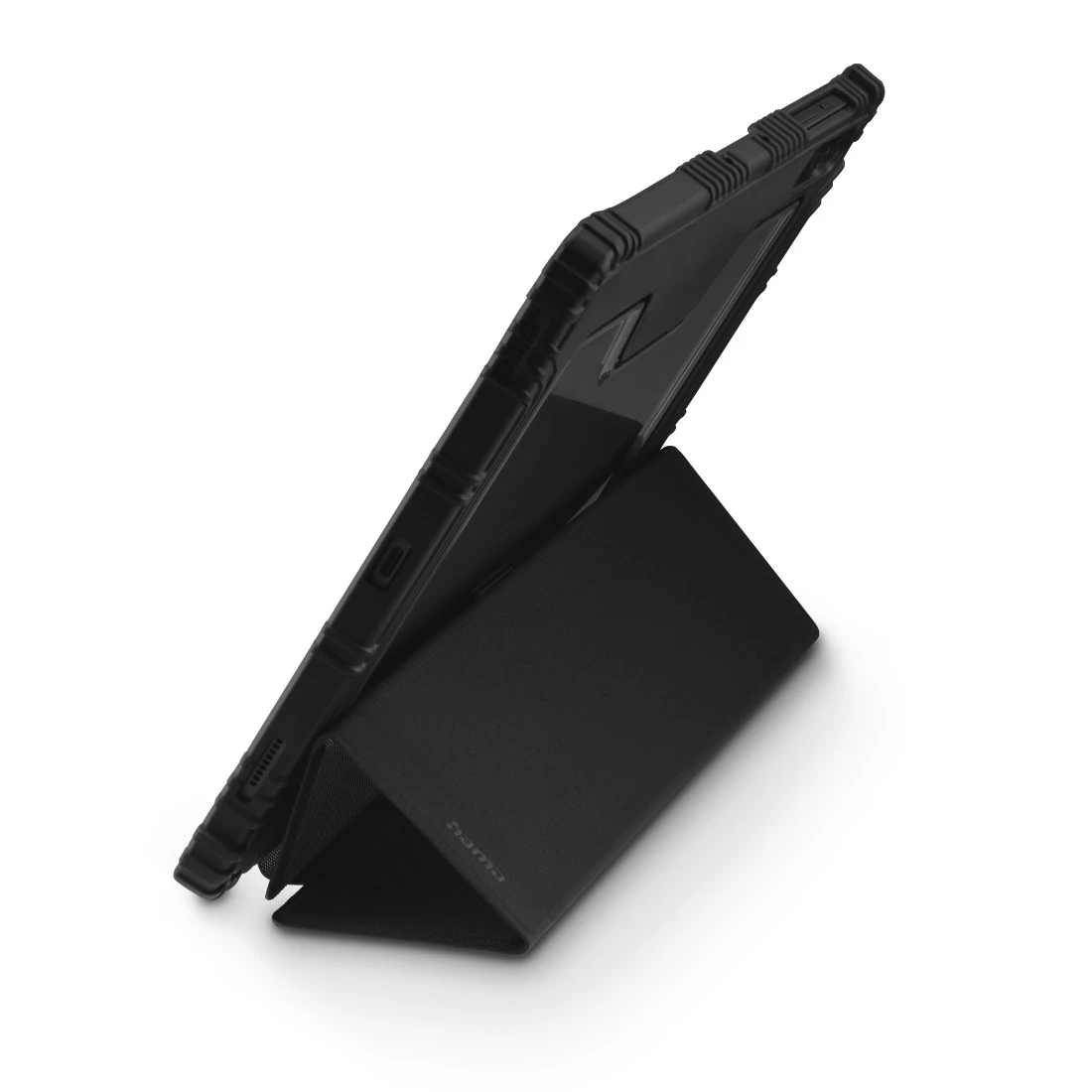 Tablette noire dans un étui robuste, posée sur une couverture noire.