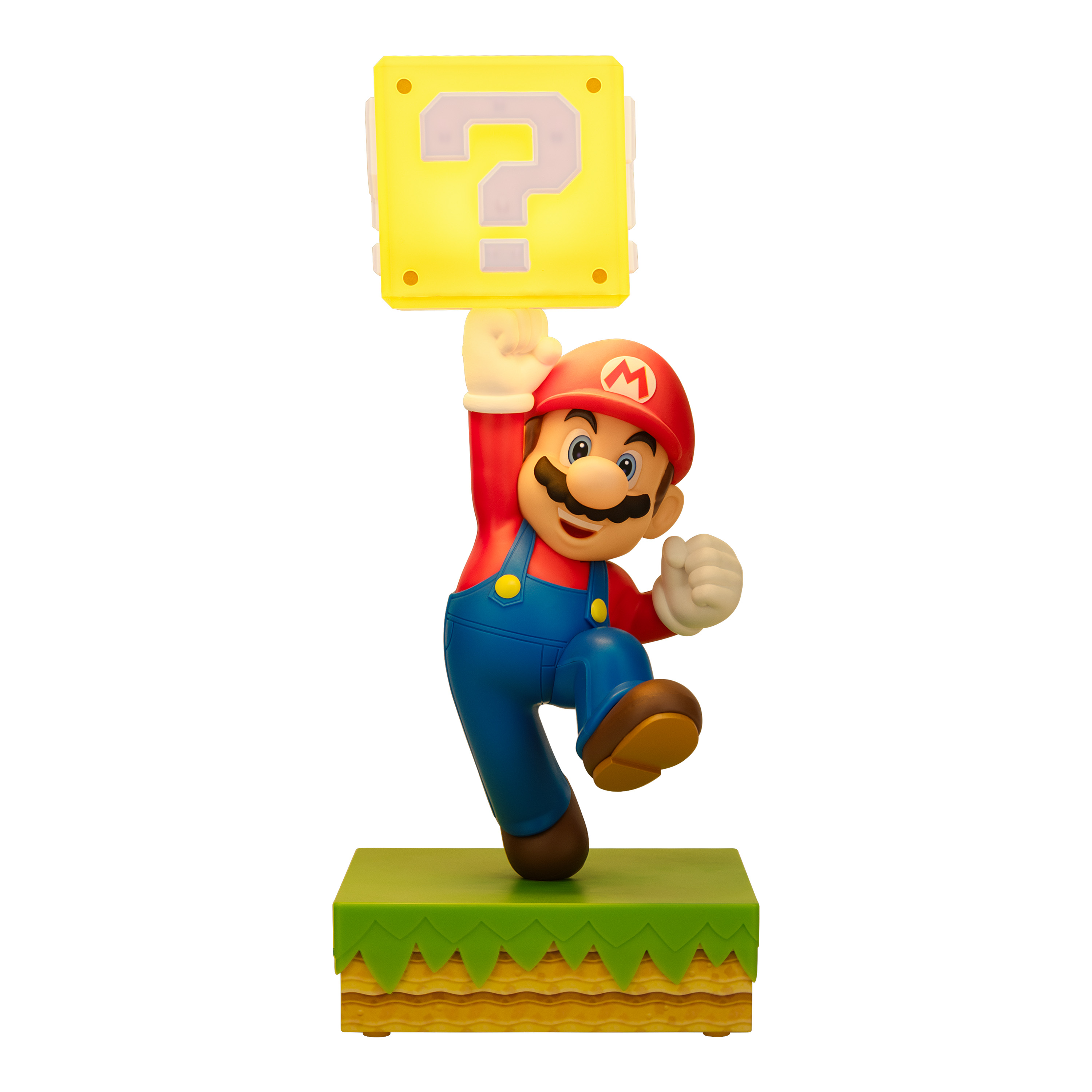 Mario Figur hält einen leuchtenden Fragezeichenblock über seinem Kopf.