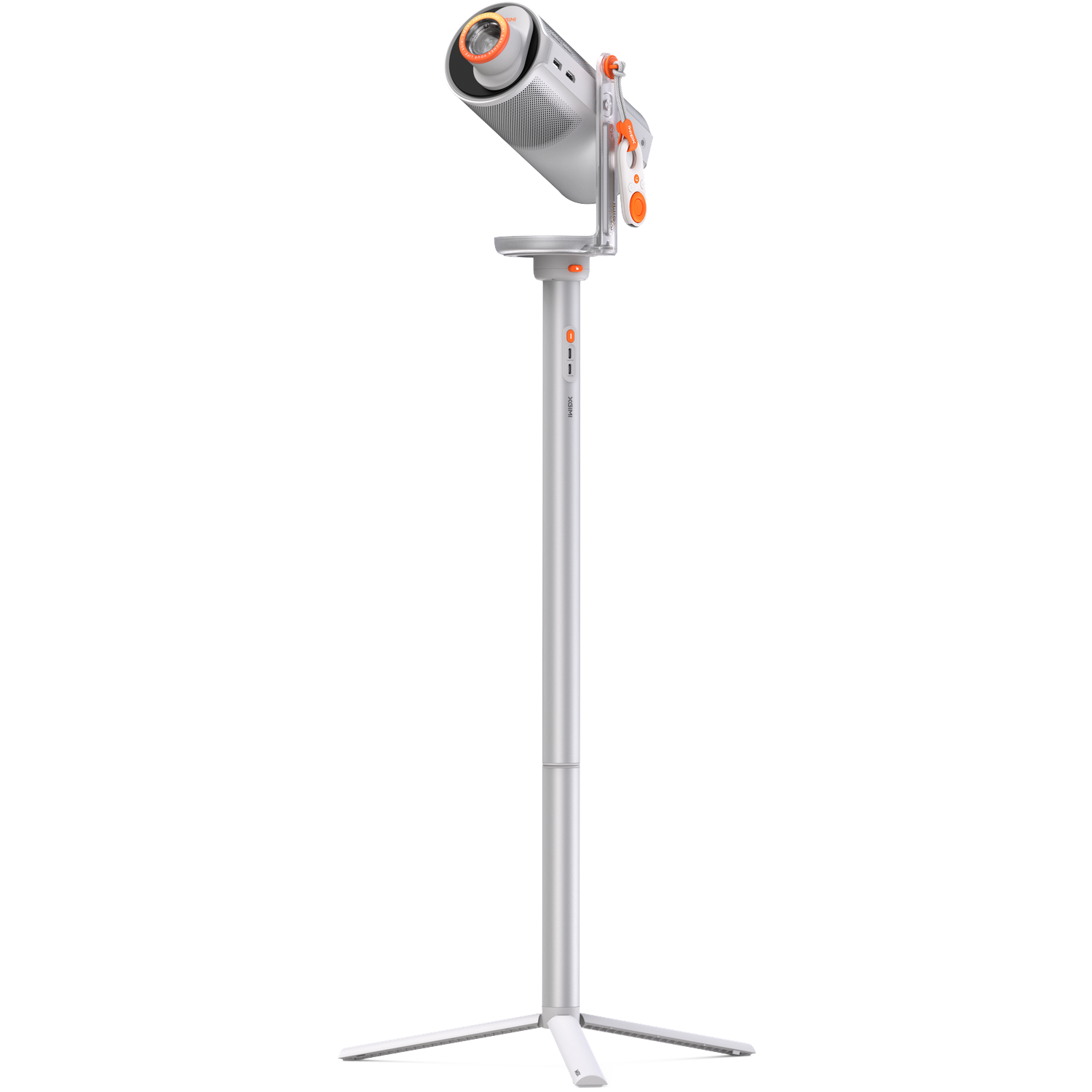 Een witte projector met oranje accenten op een zilverkleurig statief.