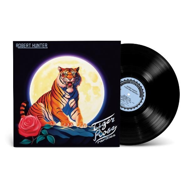 Ein Tiger sitzt auf einem Felsen vor einem Vollmond, daneben eine Vinyl-Schallplatte.