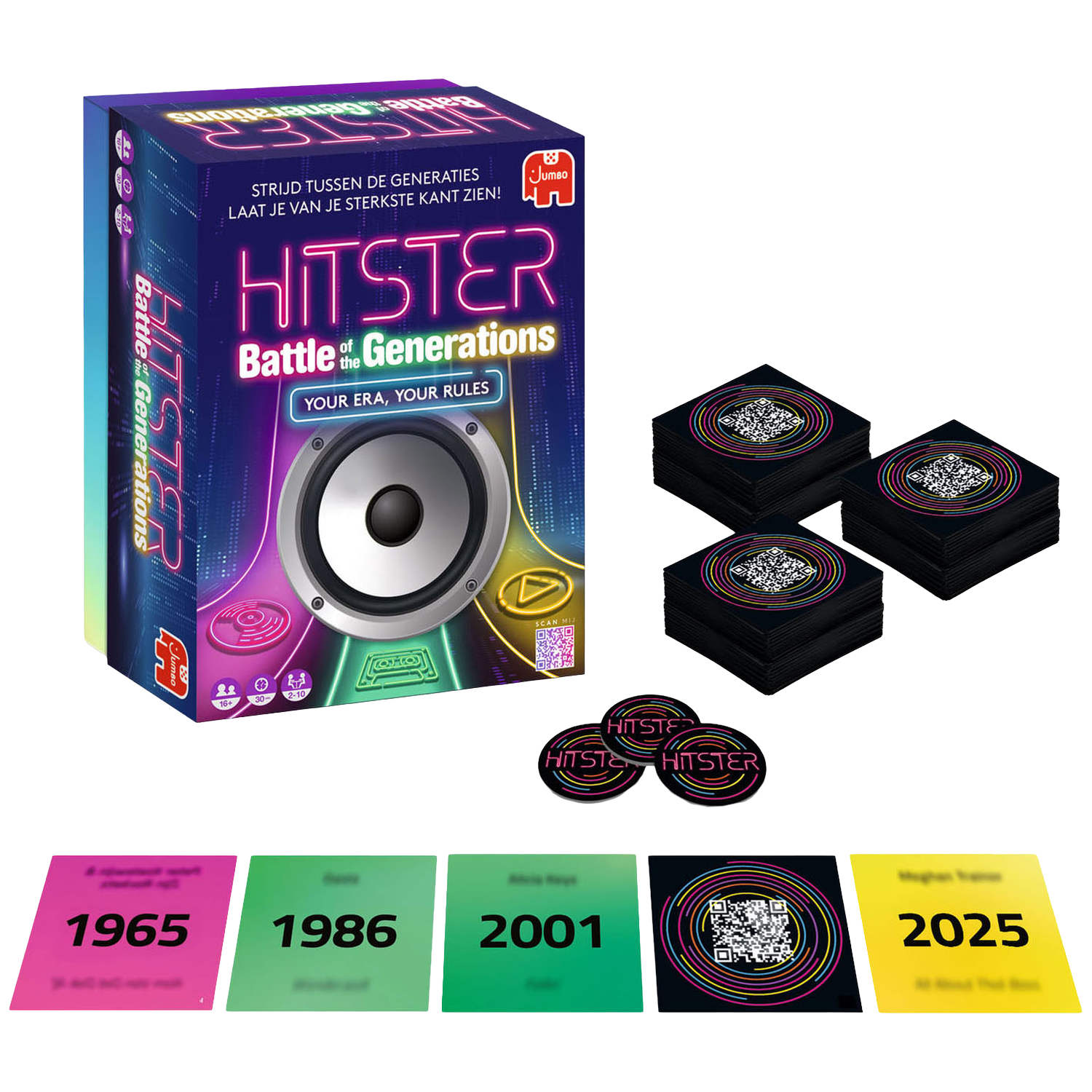 Jeu de société "Hitster: Battle of the Generations" avec cartes, jetons et codes QR.