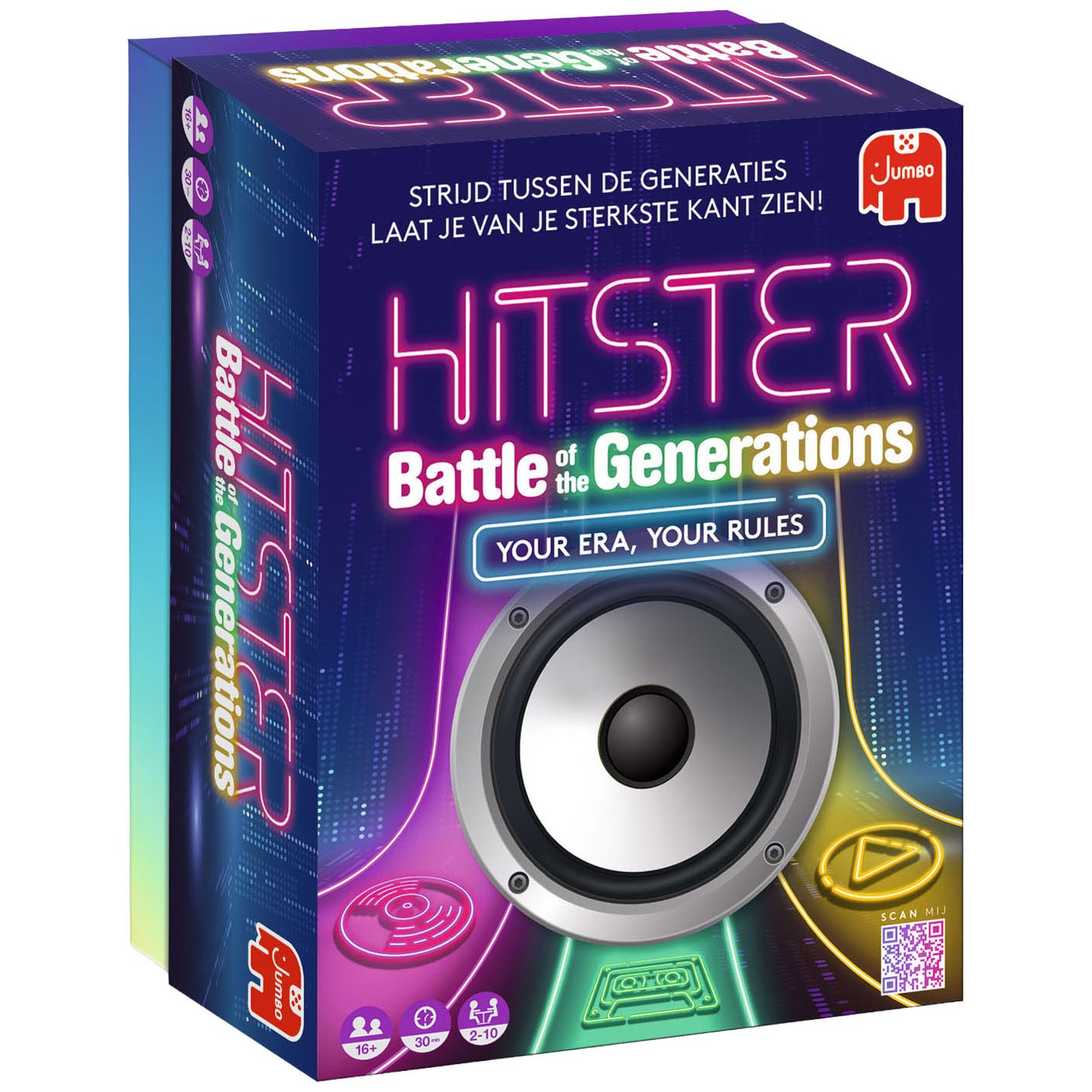 Boîte de jeu 'Hitster: Battle of the Generations' avec haut-parleur et lumières néon.