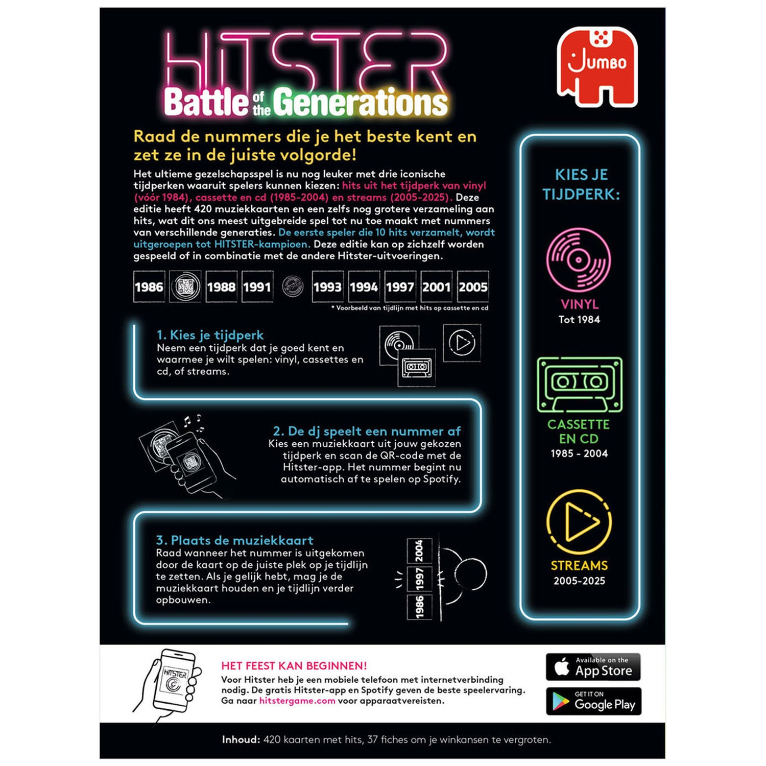 Instructions pour le jeu Hitster: Battle of Generations, montrant les périodes : Vinyle, Cassette/CD et Streams.