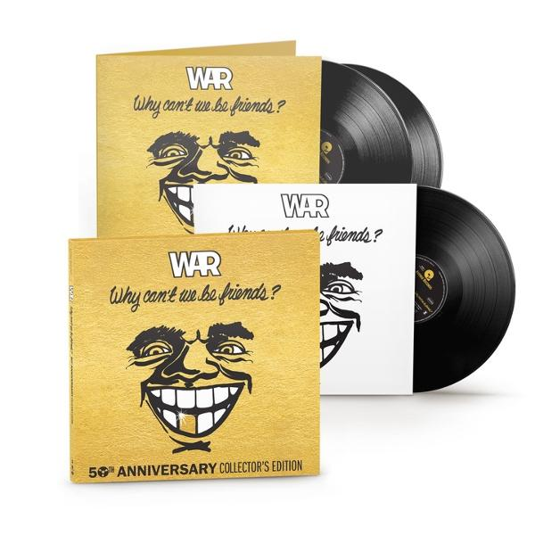 Zwei Goldfolien-Schallplattencover mit WAR-Logo und einem Gesicht.