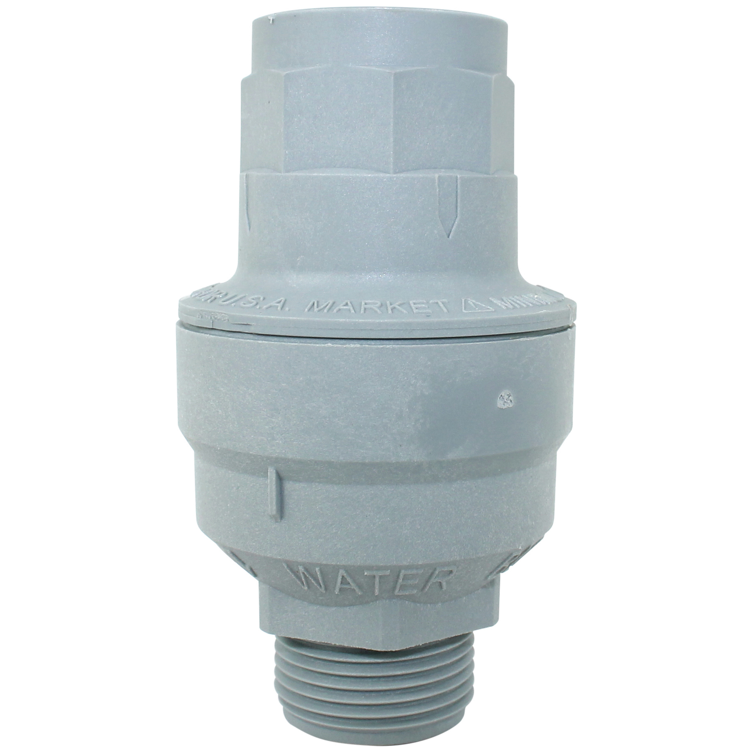 Gray water regulator with threaded connection at the bottom.
