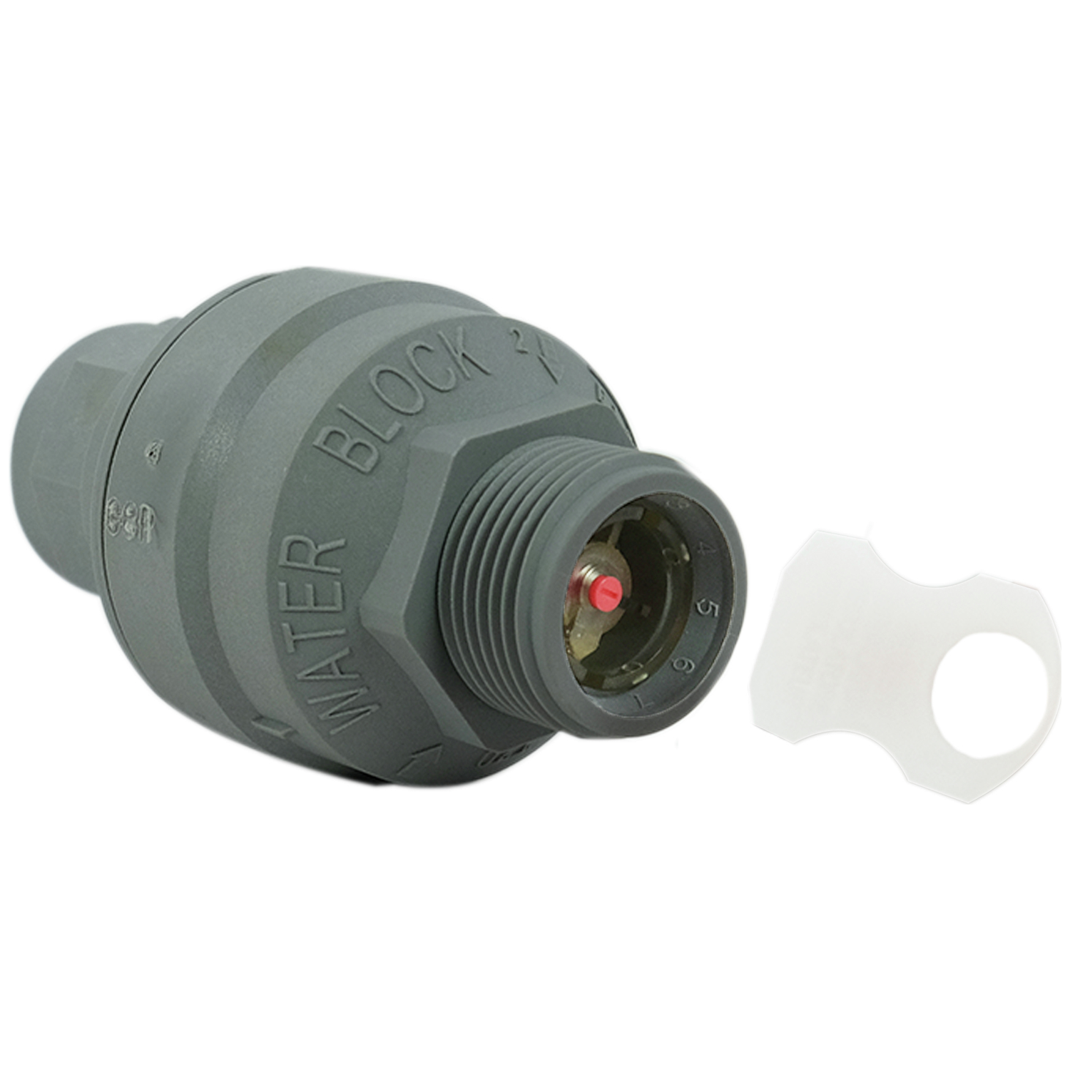 Gray water block with threads and a white cap next to it.