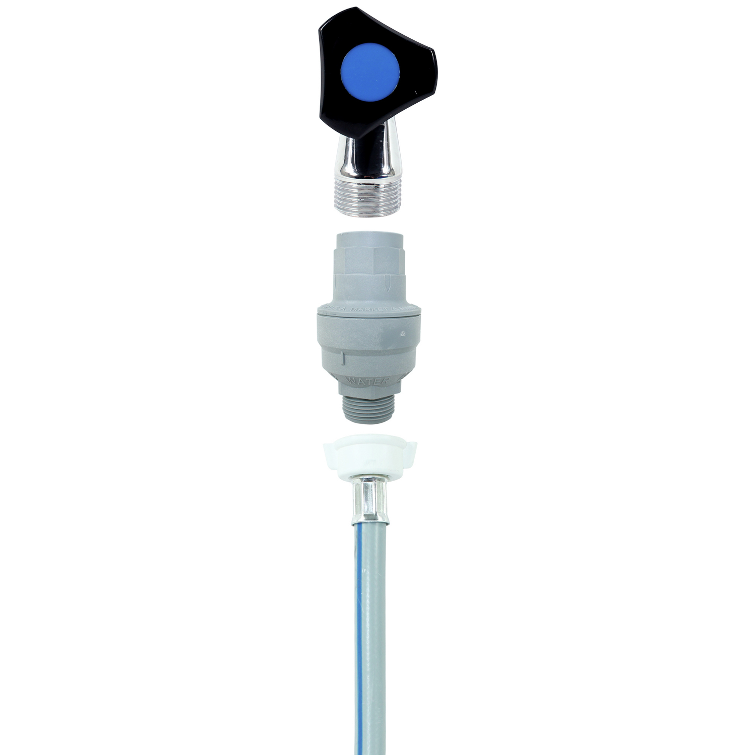 A faucet adapter with a blue handle, a gray connector, and a hose.