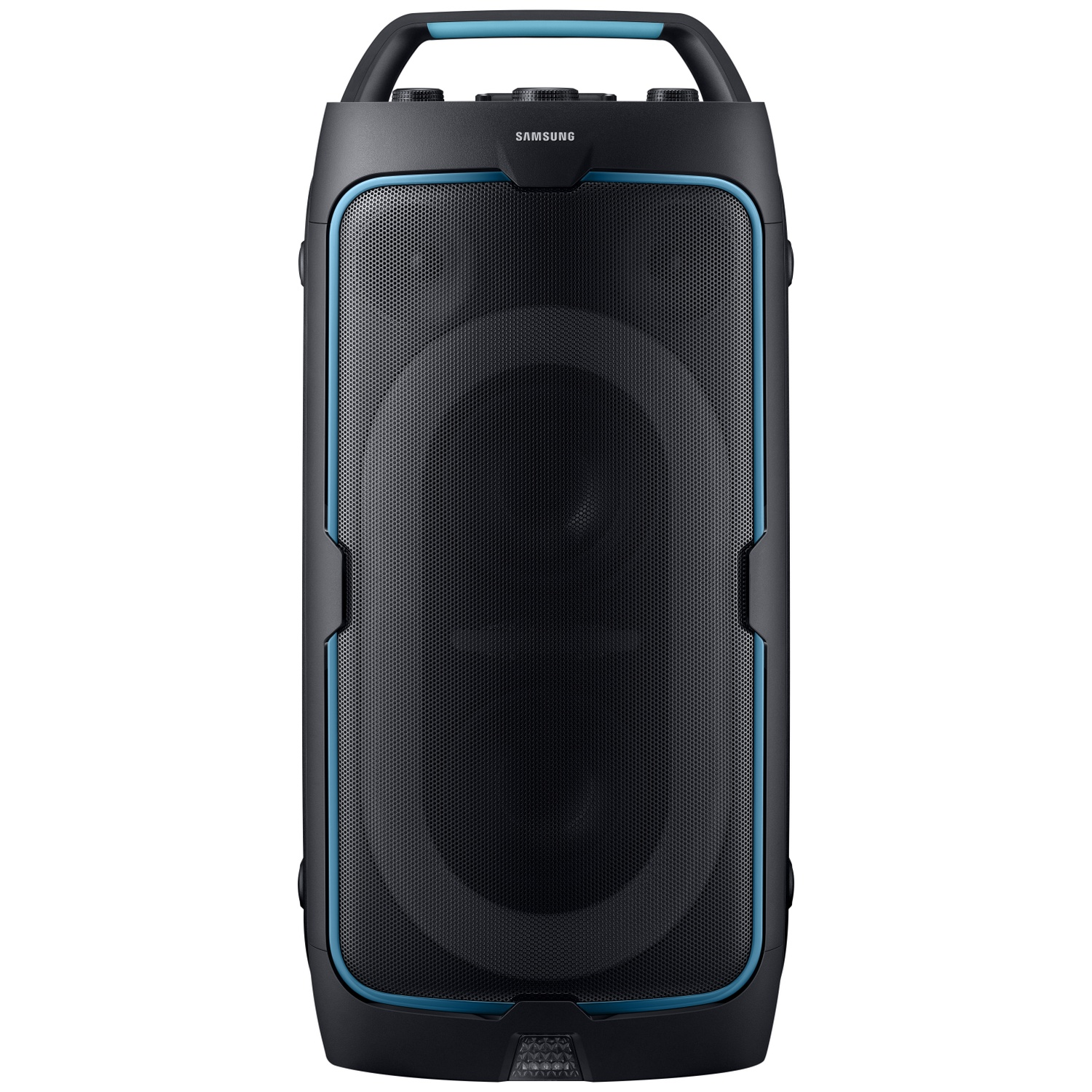 Black Samsung party speaker with blue accent and handle.