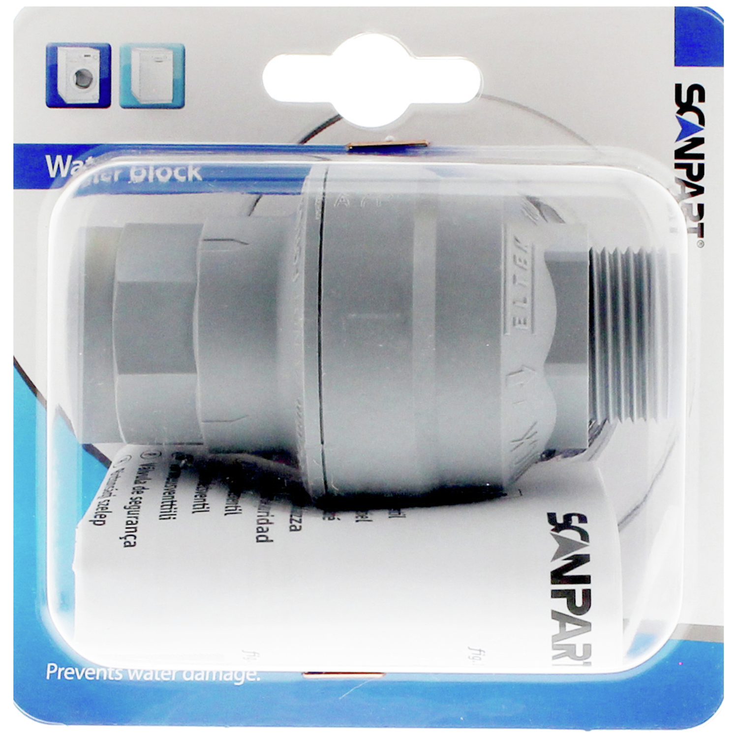 A gray water block with threaded connections, packaged in a blister pack.