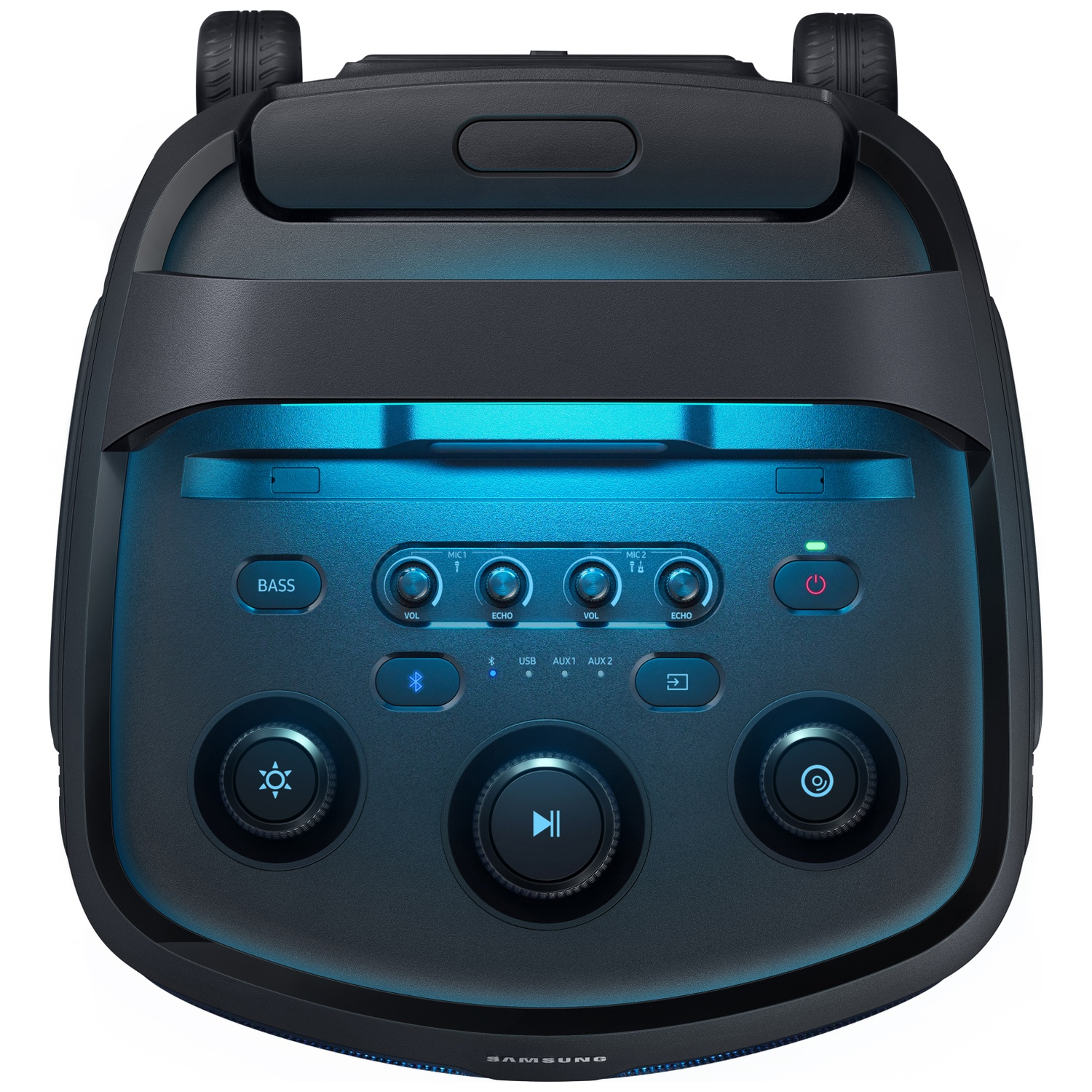 Black portable speaker with blue lighting and control buttons.
