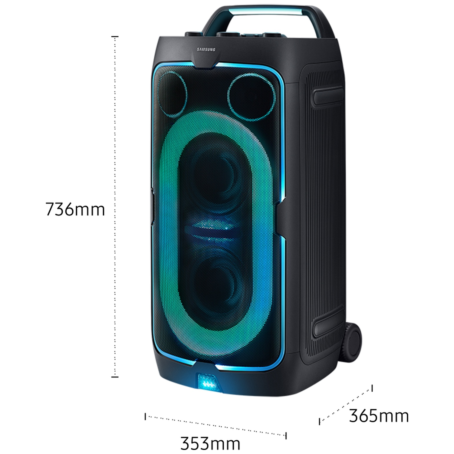 Black Samsung speaker with blue-green lights and wheels.