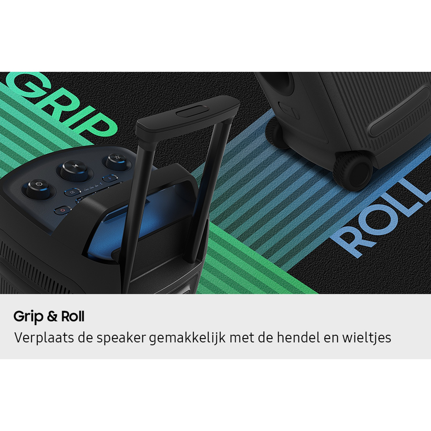 Black speaker with handle and wheels on a black surface with green and blue stripes.