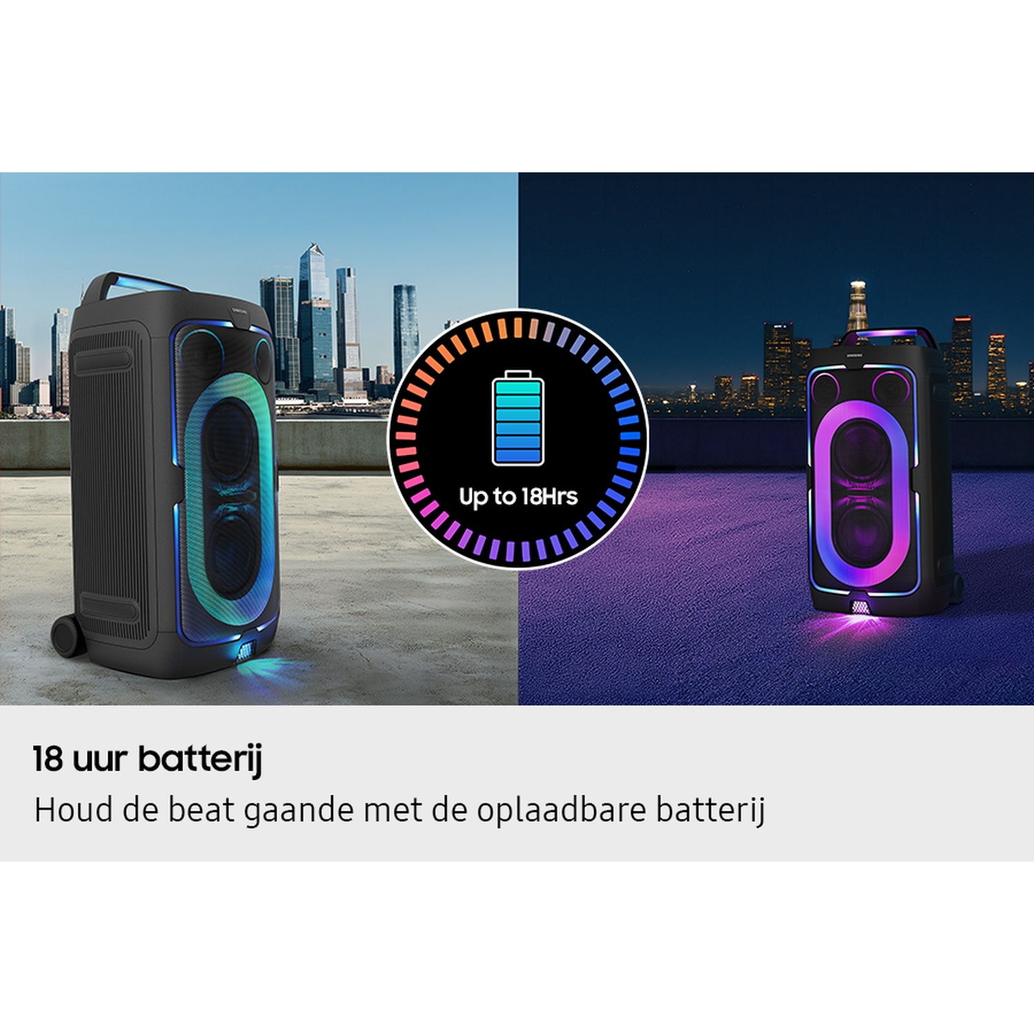 Speaker with lighting, day and night scenes, up to 18 hours battery life.