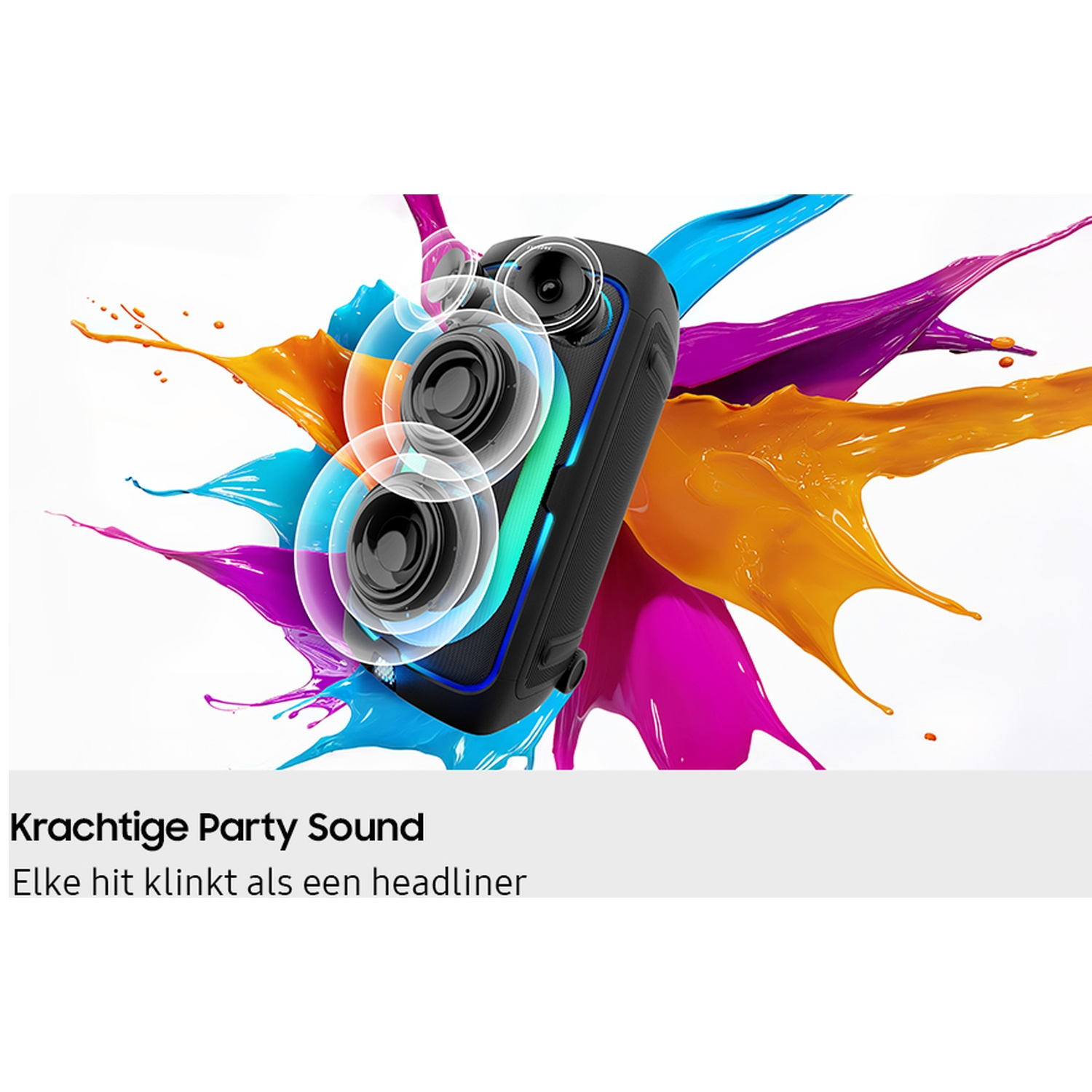 Black speaker with colorful paint splashes and light effects.