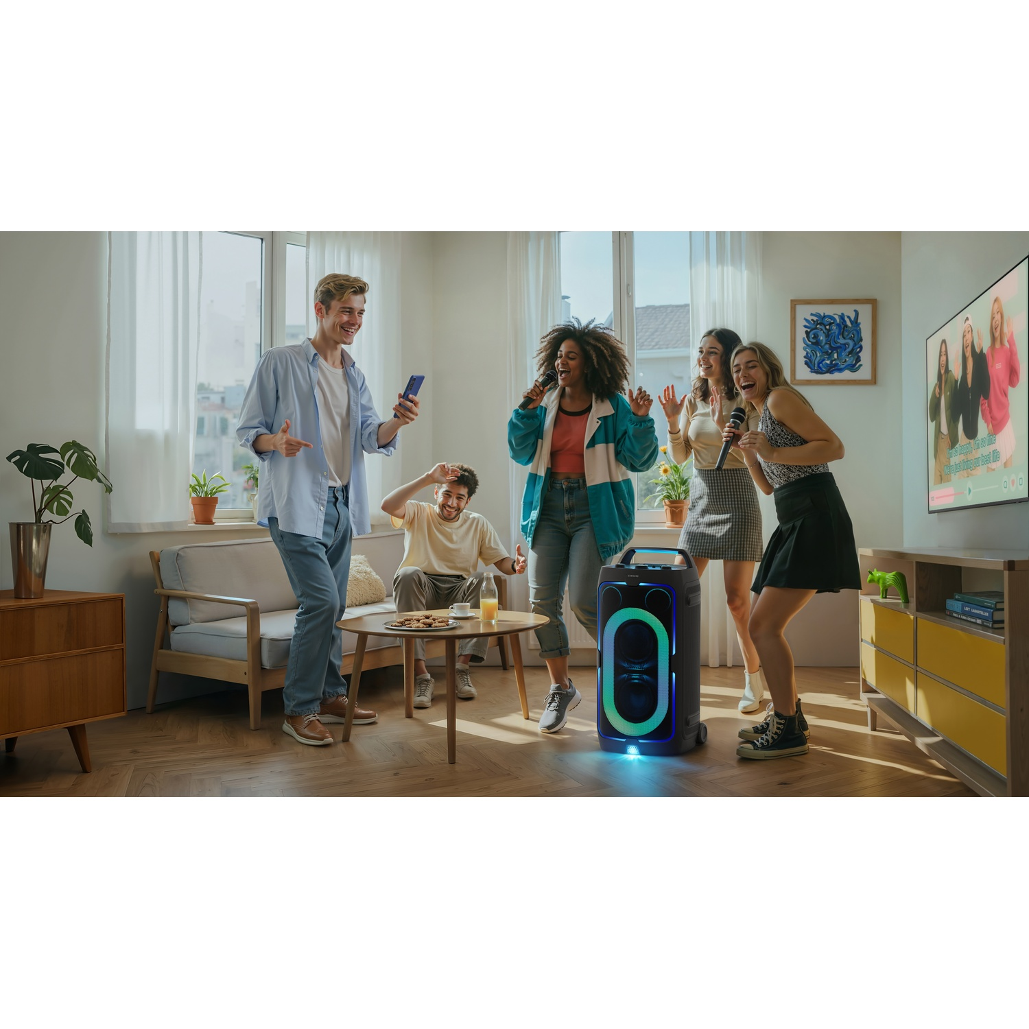 Five friends singing karaoke at home with a large speaker.