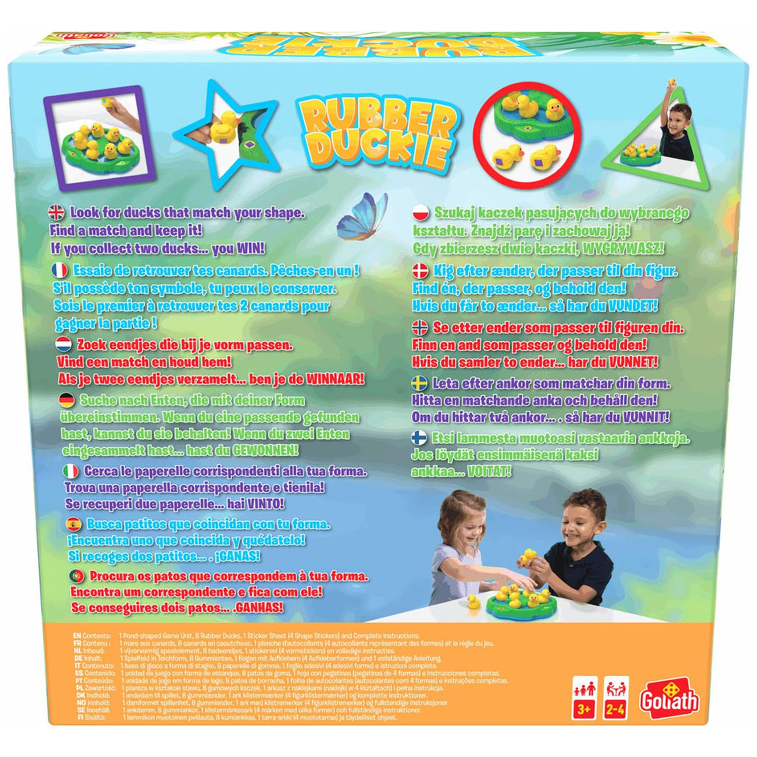 Game box with instructions and children playing with ducks.