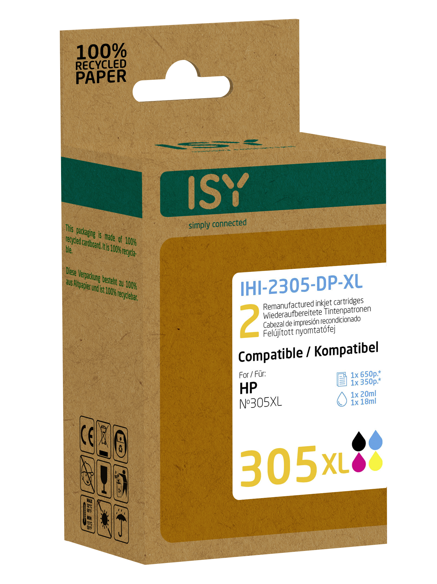 ISY 305XL tintapatron HP nyomtatókhoz, 100% újrahasznosított papír csomagolás.