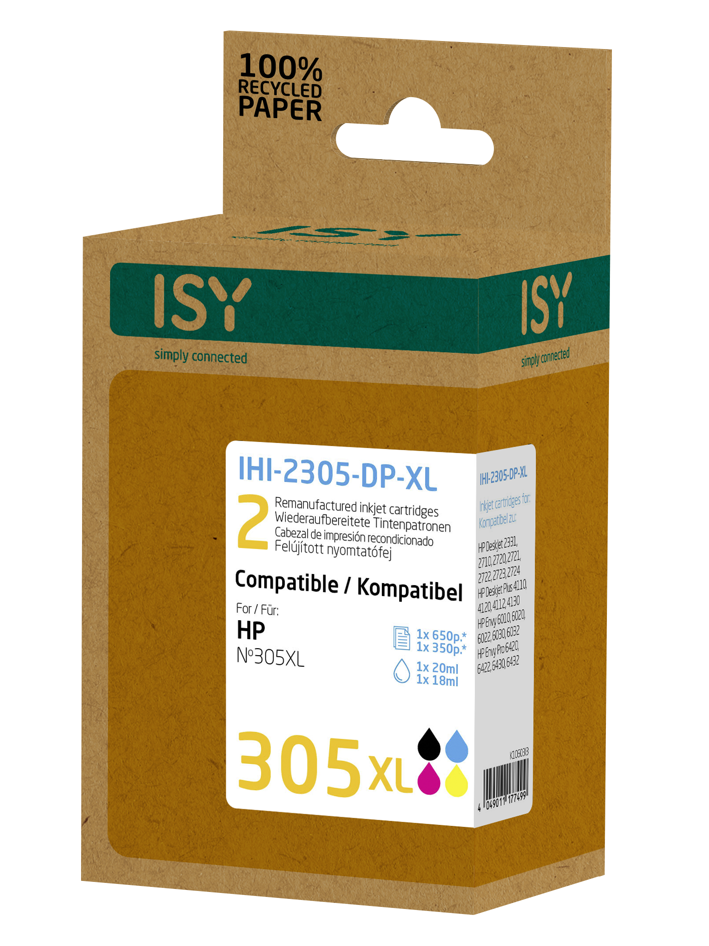 ISY IHI-2305-DP-XL tintapatronok HP 305XL-hez, 100% újrahasznosított papír.