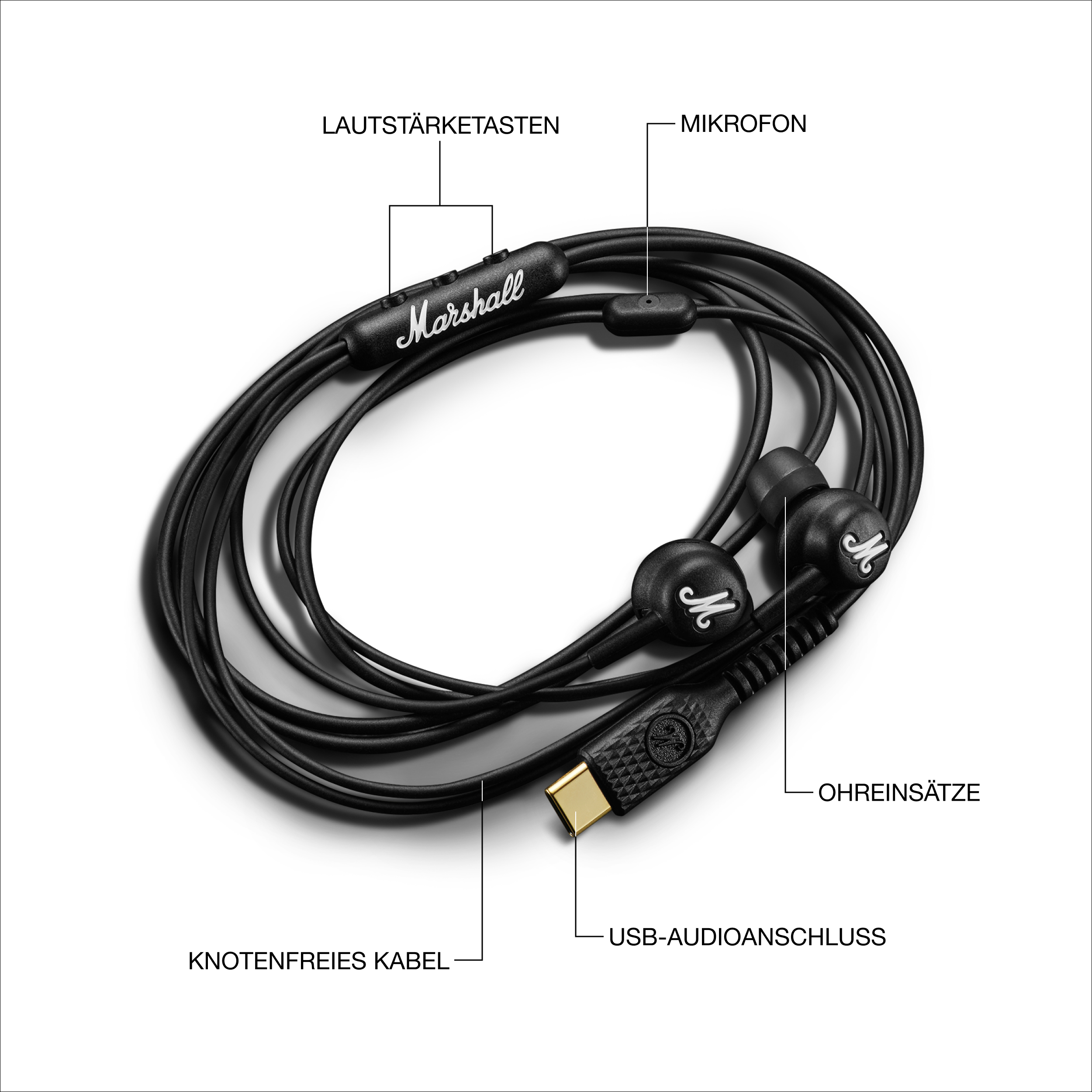 Schwarze Marshall In-Ear-Kopfhörer mit USB-C-Anschluss, Mikrofon und Lautstärketasten.