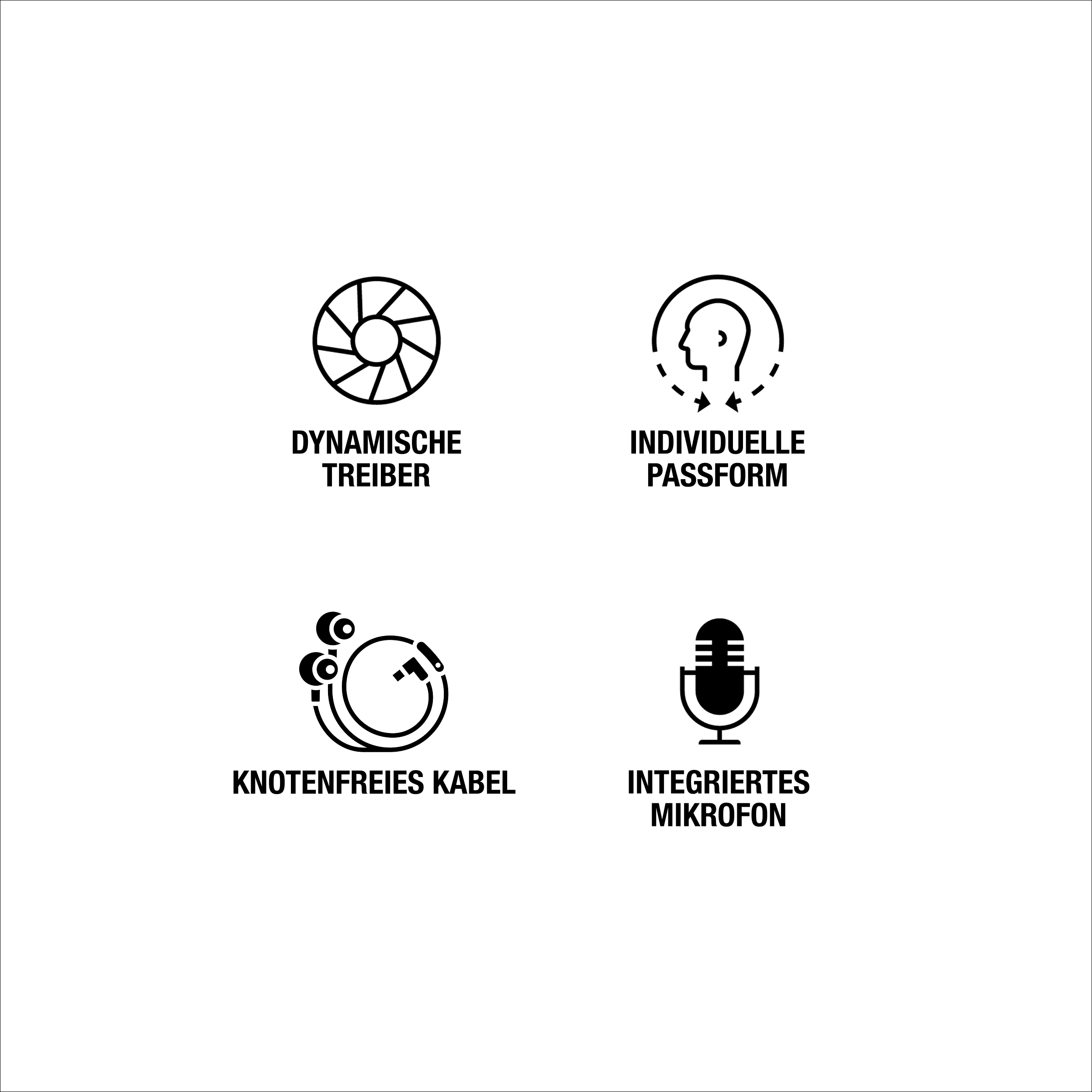 Symbole: dynamische Treiber, individuelle Passform, knoterfreies Kabel, Mikrofon.